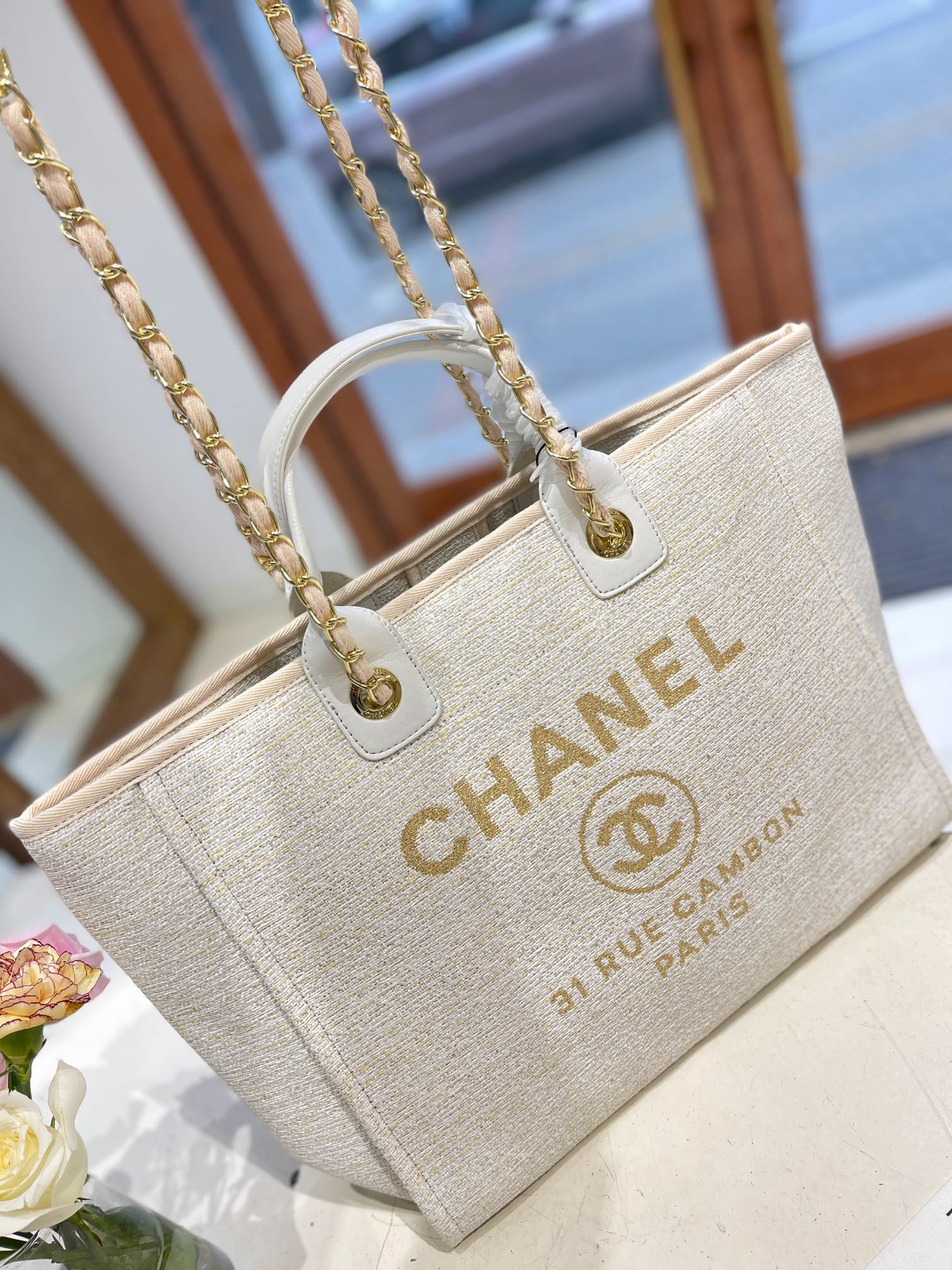 CHANEL DEAUVILLE SHOPPING TOTE BAG BEIGE 37CM - Image 6