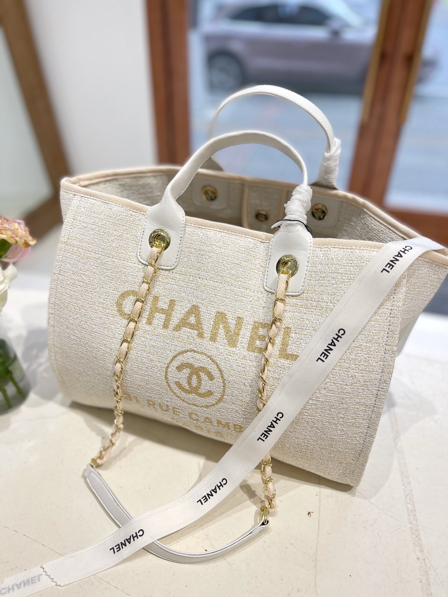 CHANEL DEAUVILLE SHOPPING TOTE BAG BEIGE 37CM - Image 7