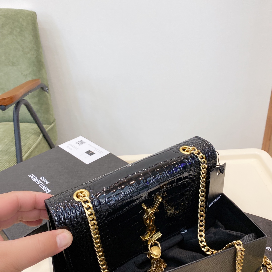 SAINT LAURENT KATE MEDIUM WITH TASSEL IN SHINY CROCODILE EMBOSSED LEATHER BLACK 22CM 354119AAAY14083 - Image 6