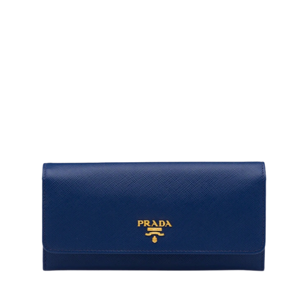 PRADA SAFFIANO LEATHER FLAP LONG WALLET NAVY BLUE AND GOLD 19CM 1MH132 ZLP F0RAU