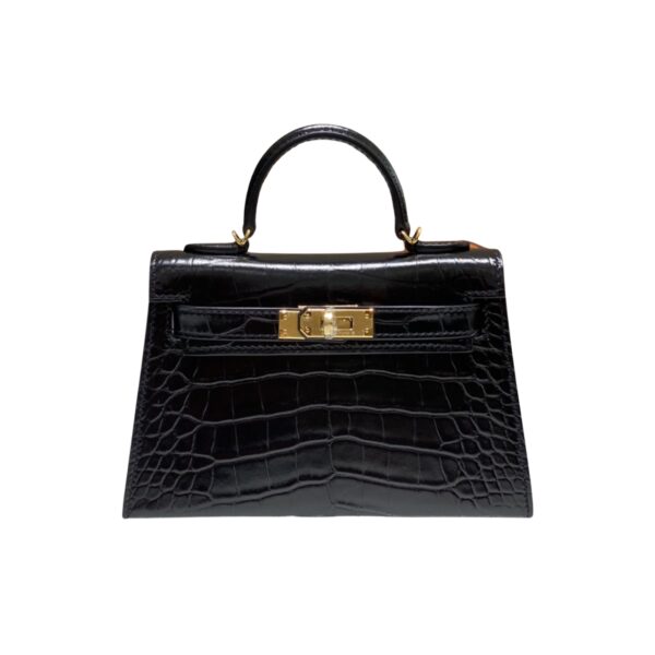 HERMES MINI KELLY CROCODILE GOLD-TONED HARDWARE BLACK 19CM
