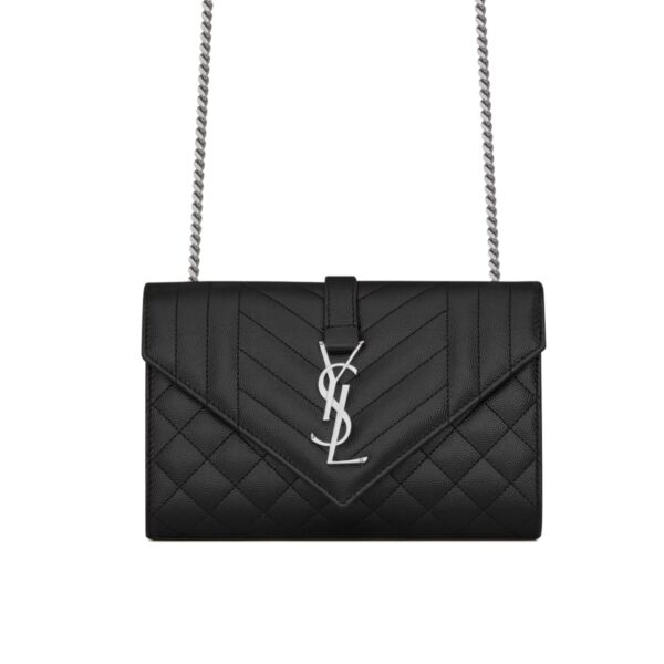 SAINT LAURENT ENVELOPE SMALL IN QUILTED GRAIN DE POUDRE EMBOSSED LEATHER BLACK SILVER 21CM 600195BOW921000