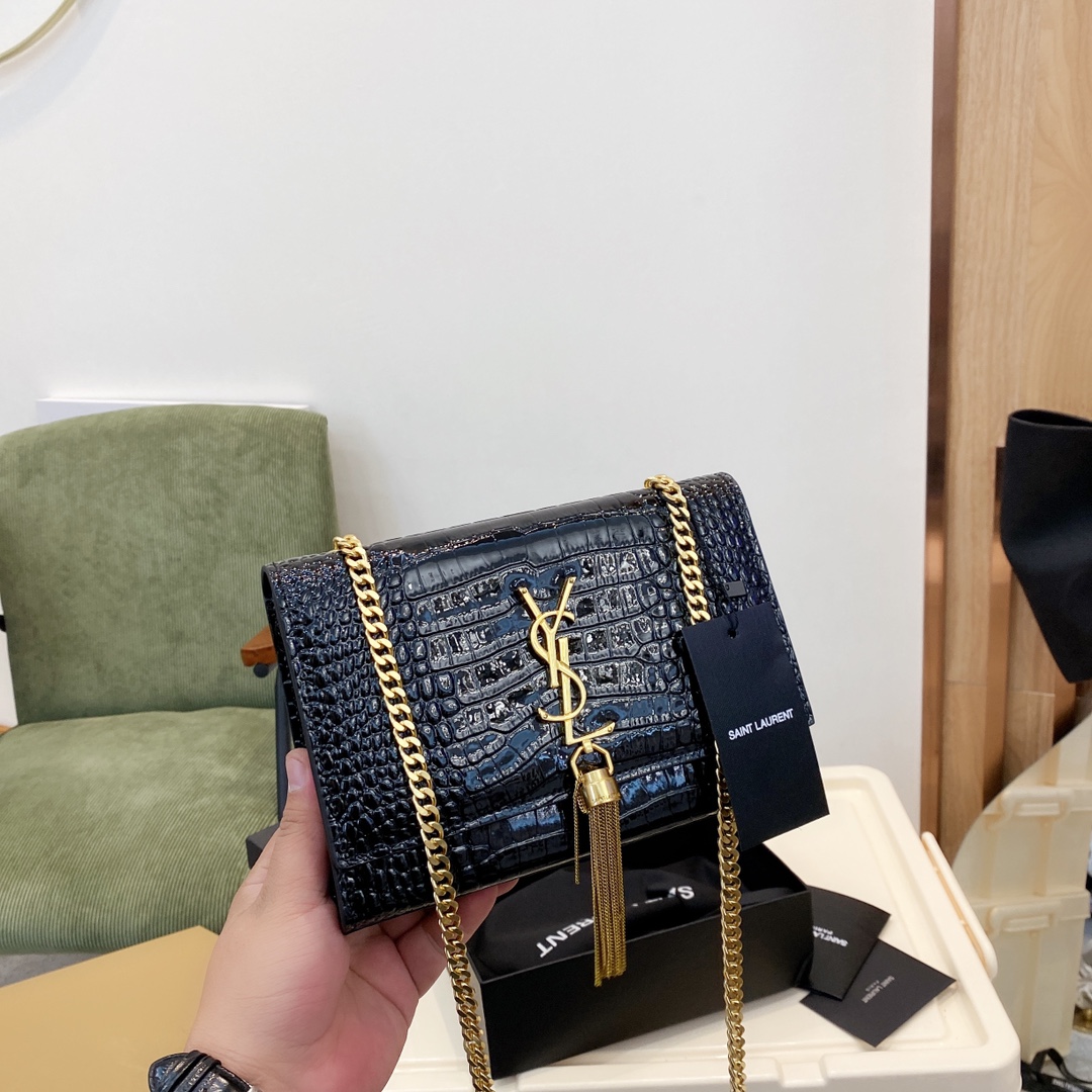SAINT LAURENT KATE MEDIUM WITH TASSEL IN SHINY CROCODILE EMBOSSED LEATHER BLACK 22CM 354119AAAY14083 - Image 2