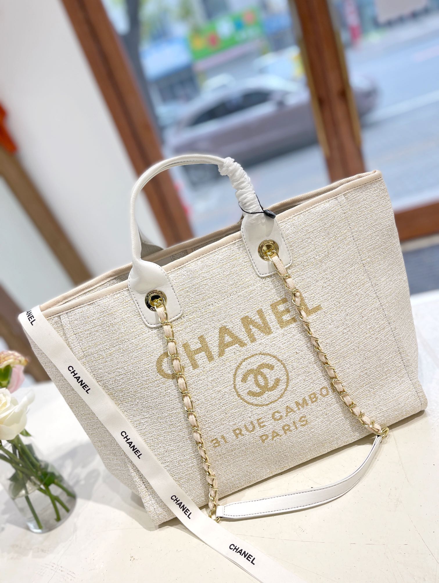 CHANEL DEAUVILLE SHOPPING TOTE BAG BEIGE 37CM - Image 3