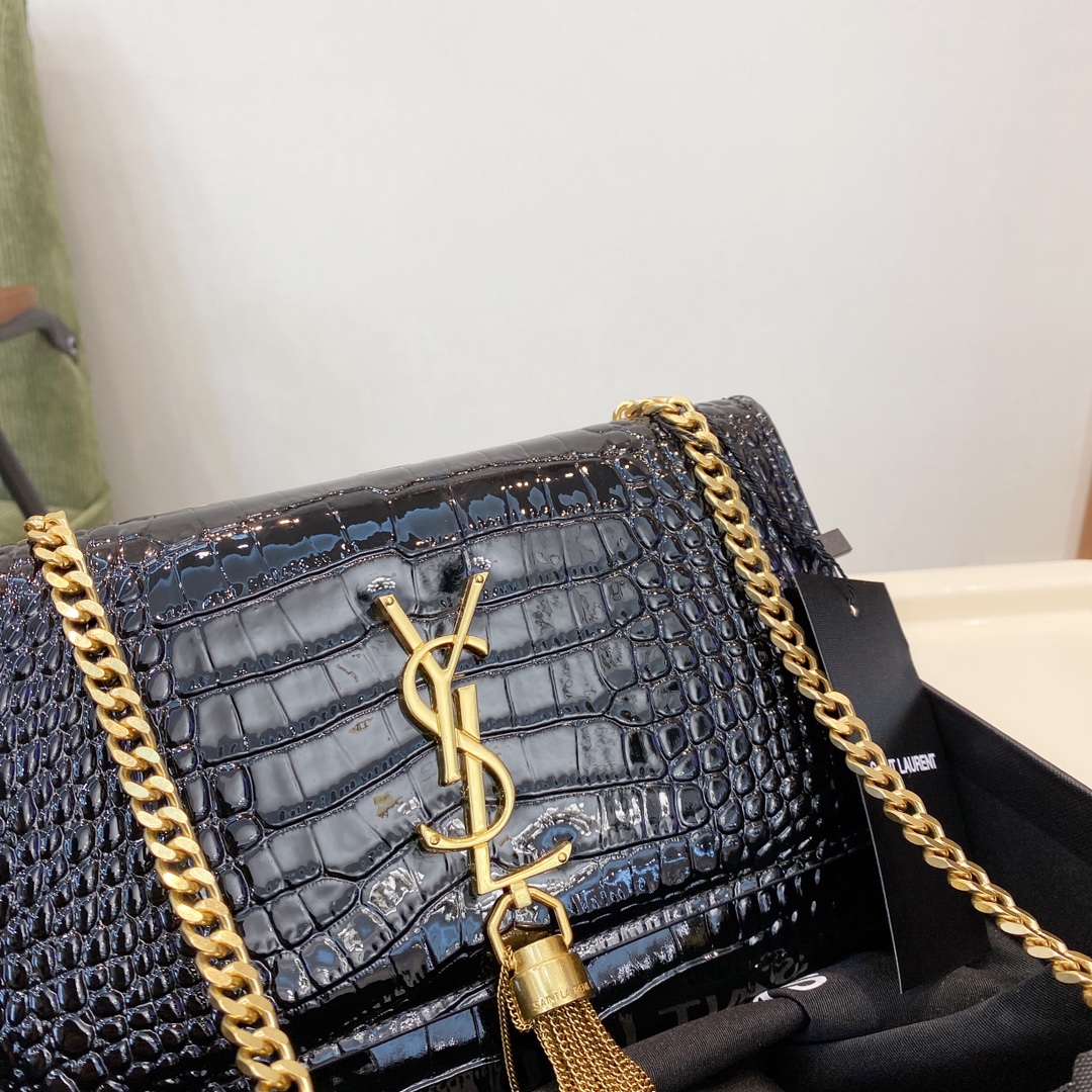 SAINT LAURENT KATE MEDIUM WITH TASSEL IN SHINY CROCODILE EMBOSSED LEATHER BLACK 22CM 354119AAAY14083 - Image 7