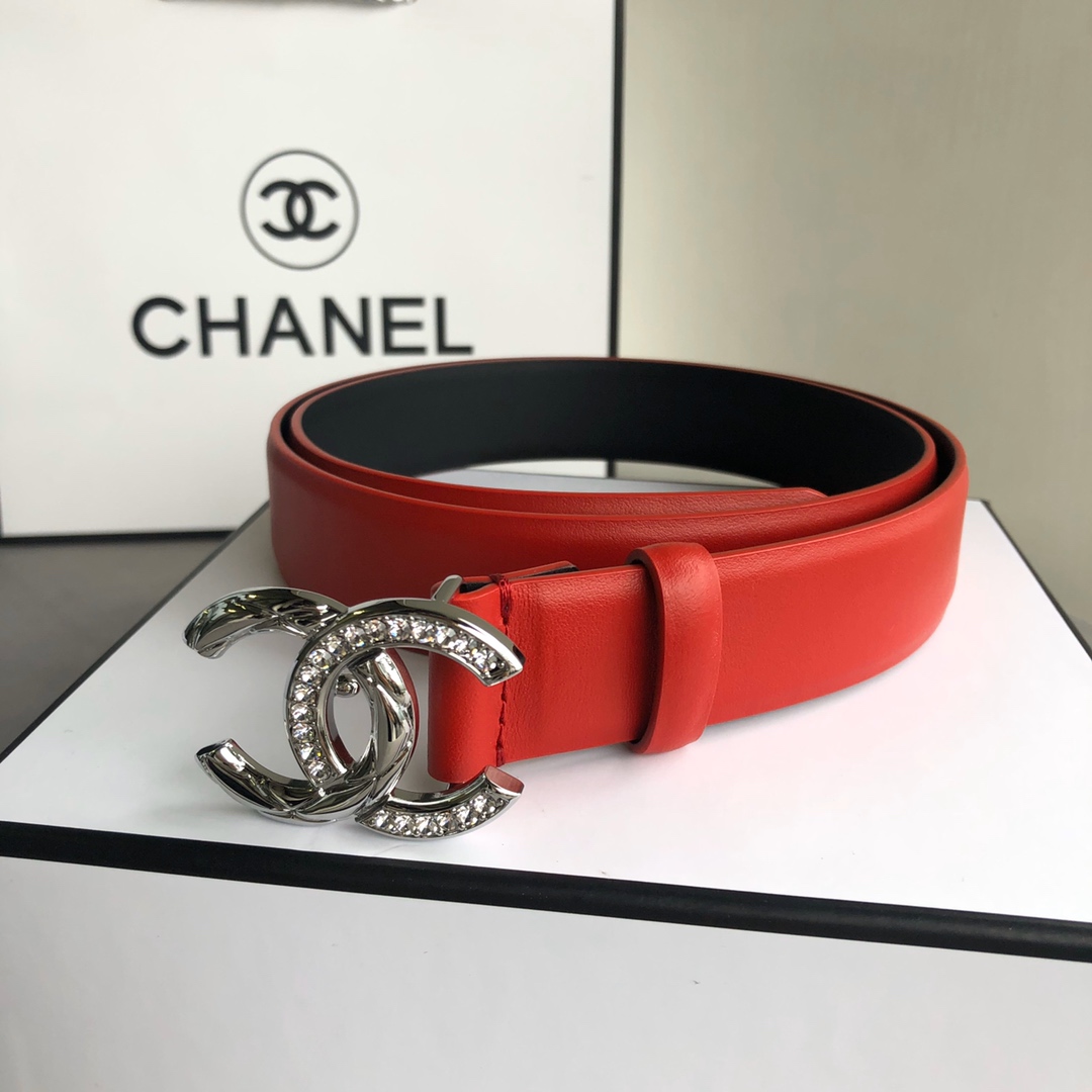 CHANEL LEATHER BELT WITH CC PEARL AND SILVER TONE METAL RED 3CM - Image 3