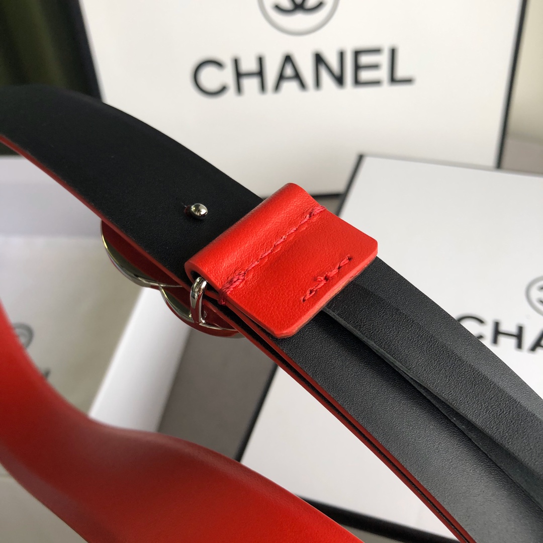 CHANEL LEATHER BELT WITH CC PEARL AND SILVER TONE METAL RED 3CM - Image 8