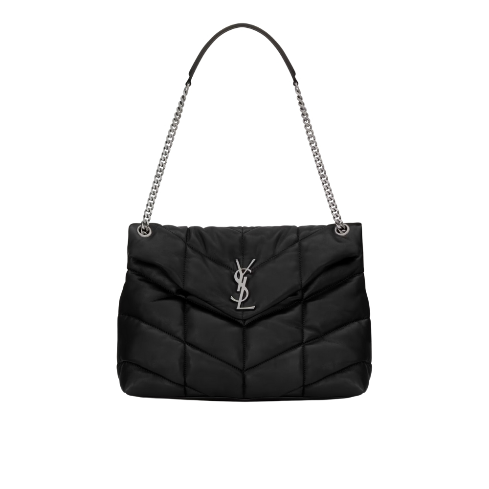 SAINT LAURENT PUFFER MEDIUM IN NAPPA LEATHER SILVER BLACK 31CM 5774751EL001000