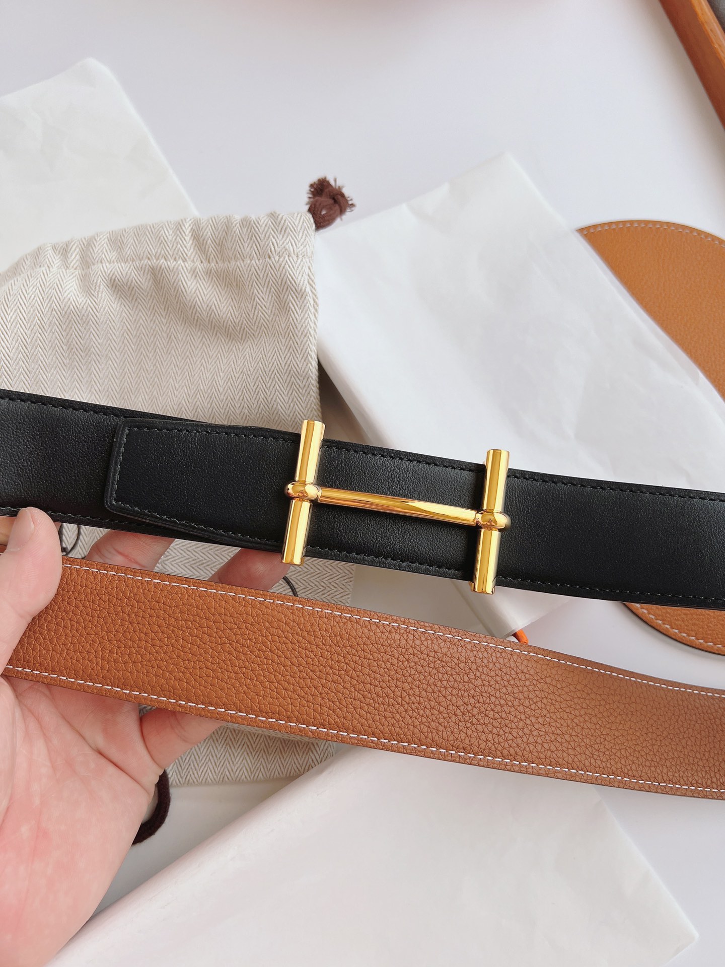 HERMES LEATHER BELT GOLD BUCKLE BLACK 38MM - Image 4