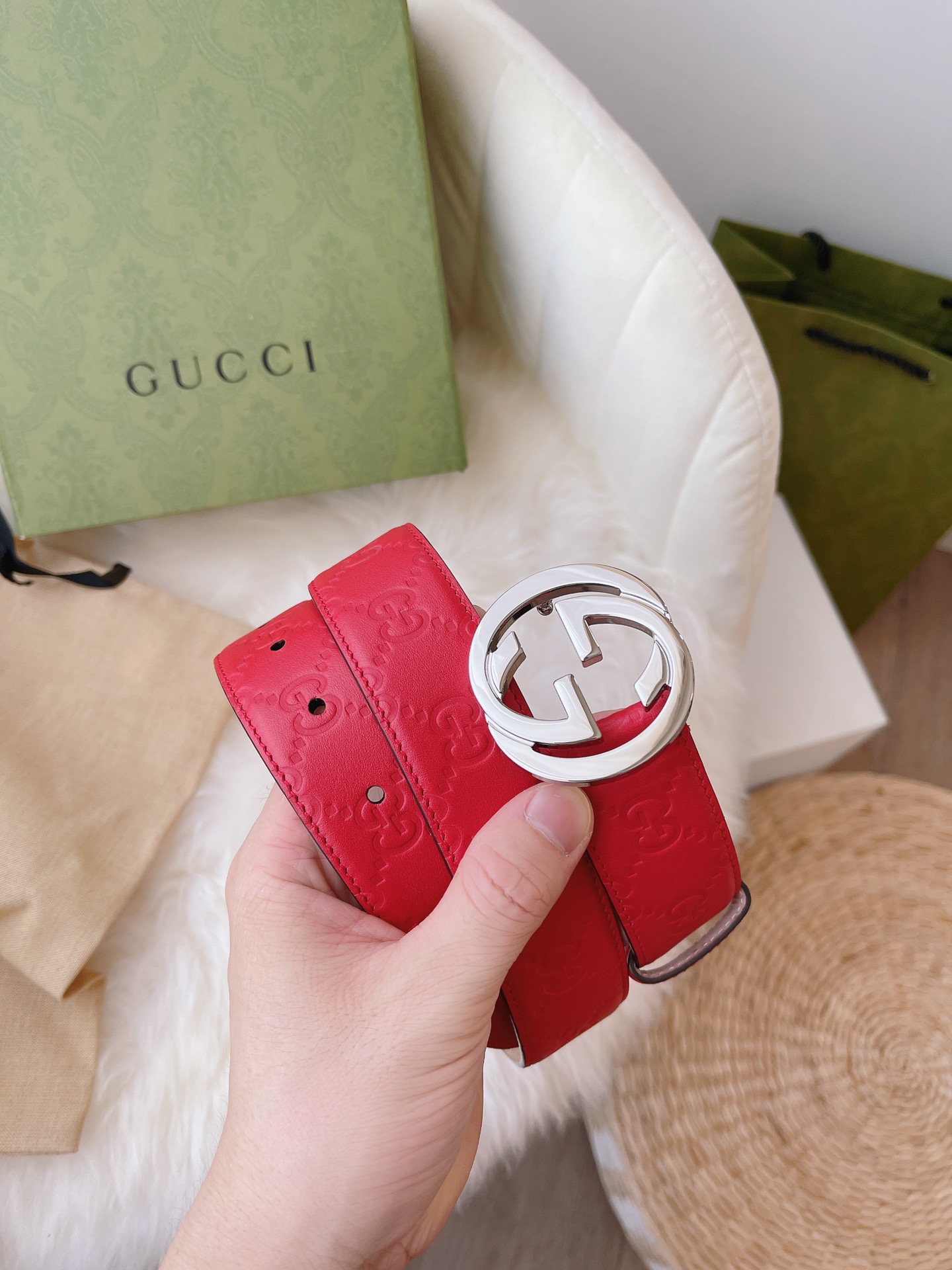 GUCCI MONOGRAM RED BELT SILVER METAL 3.5CM - Image 3