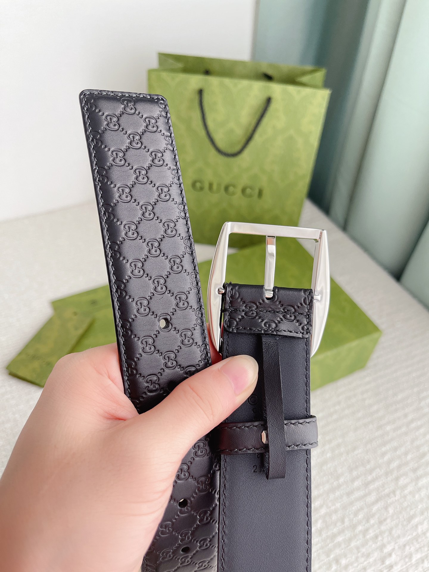 GUCCI MONOGRAM BLACK BELT SILVER METAL 4CM - Image 5