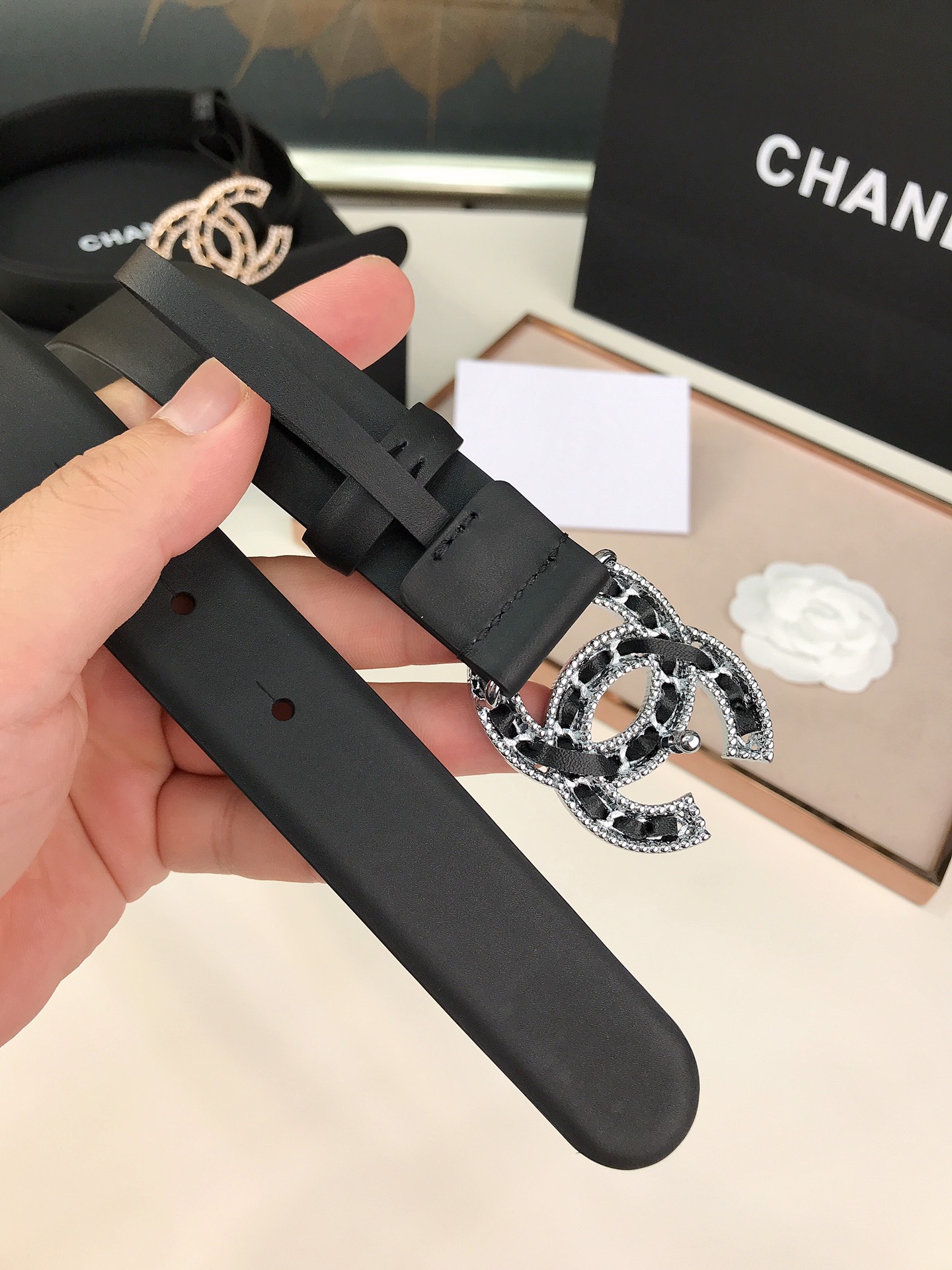 CHANEL GLASS PEARLS CRYSTAL SILVER BLACK BELT 28MM - Image 5