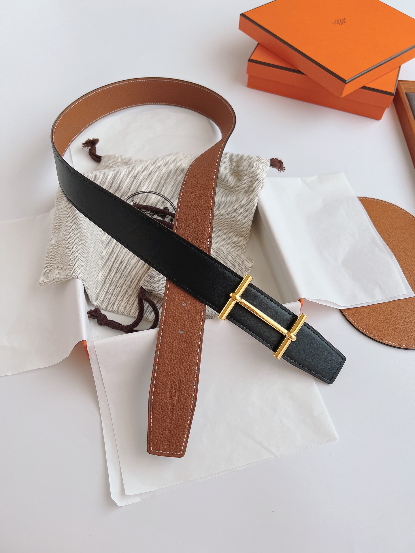 HERMES LEATHER BELT GOLD BUCKLE BLACK 38MM - Image 8