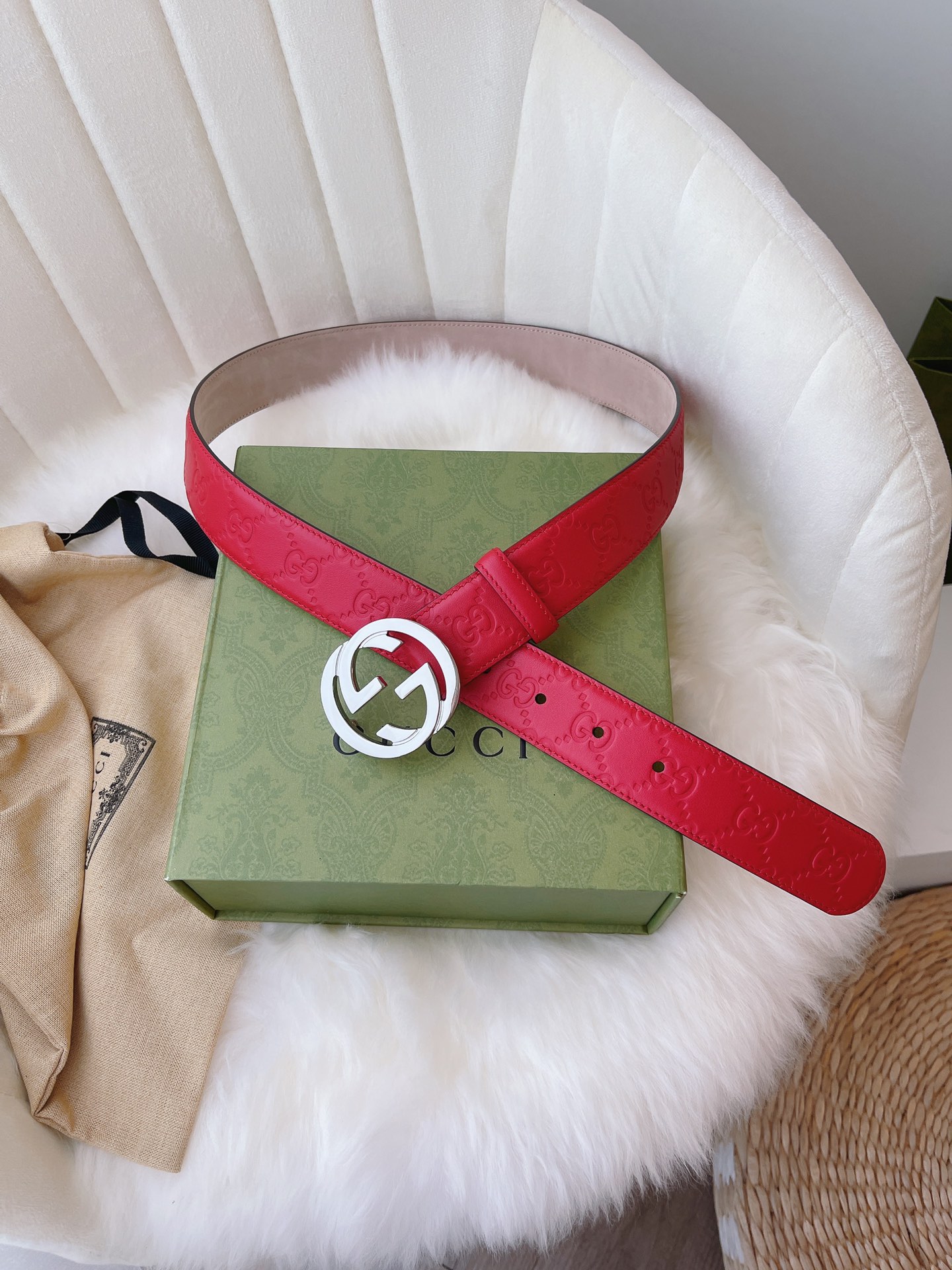 GUCCI MONOGRAM RED BELT SILVER METAL 3.5CM - Image 5