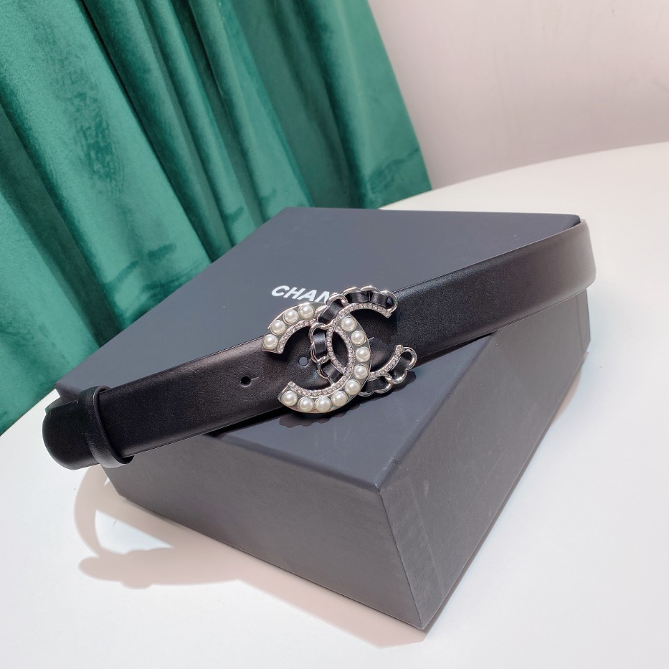 CHANEL BELT WITH PEARLS AND CC LOGO SILVER TONE METAL BELT BLACK 28MM - Image 4