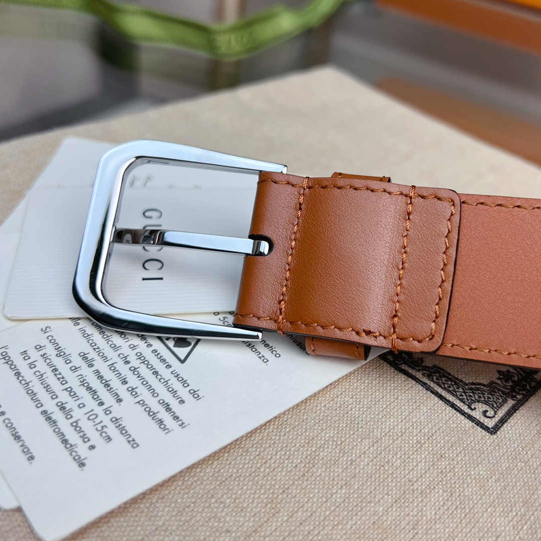 GUCCI BROWN BELT WITH SQUARE BUCKLE AND INTERLOCKING G SILVER MEATL 35MM - Image 5