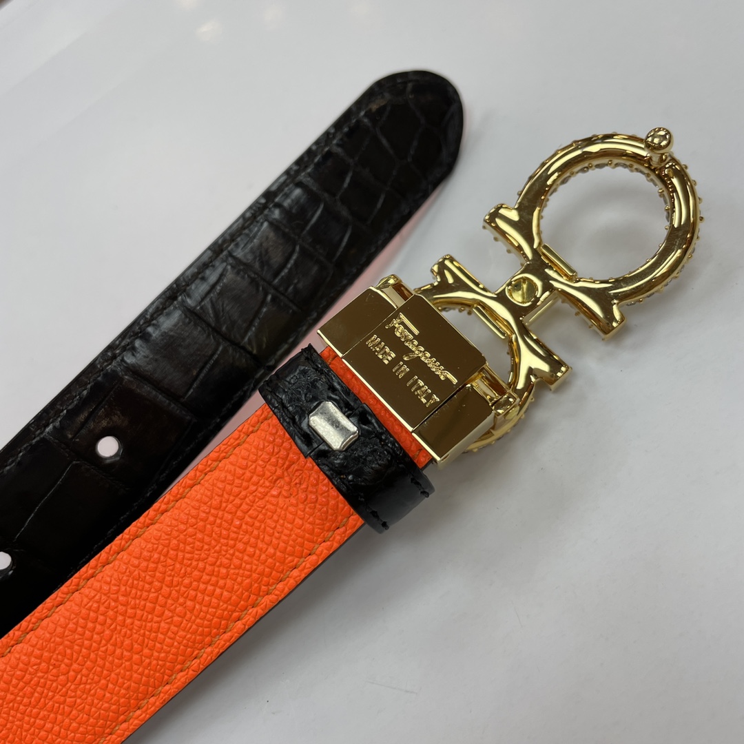 SALVATORE FERRAGAMO GANCINI LEATHER BELT WITH GOLD METAL PEARLS BUCKLE 2.5CM - Image 4