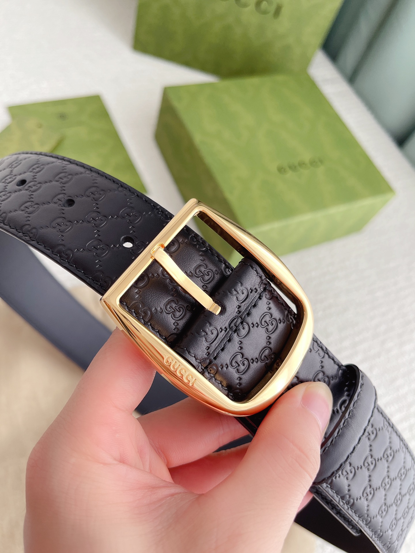 GUCCI MONOGRAM BLACK BELT GOLD METAL 4CM - Image 6