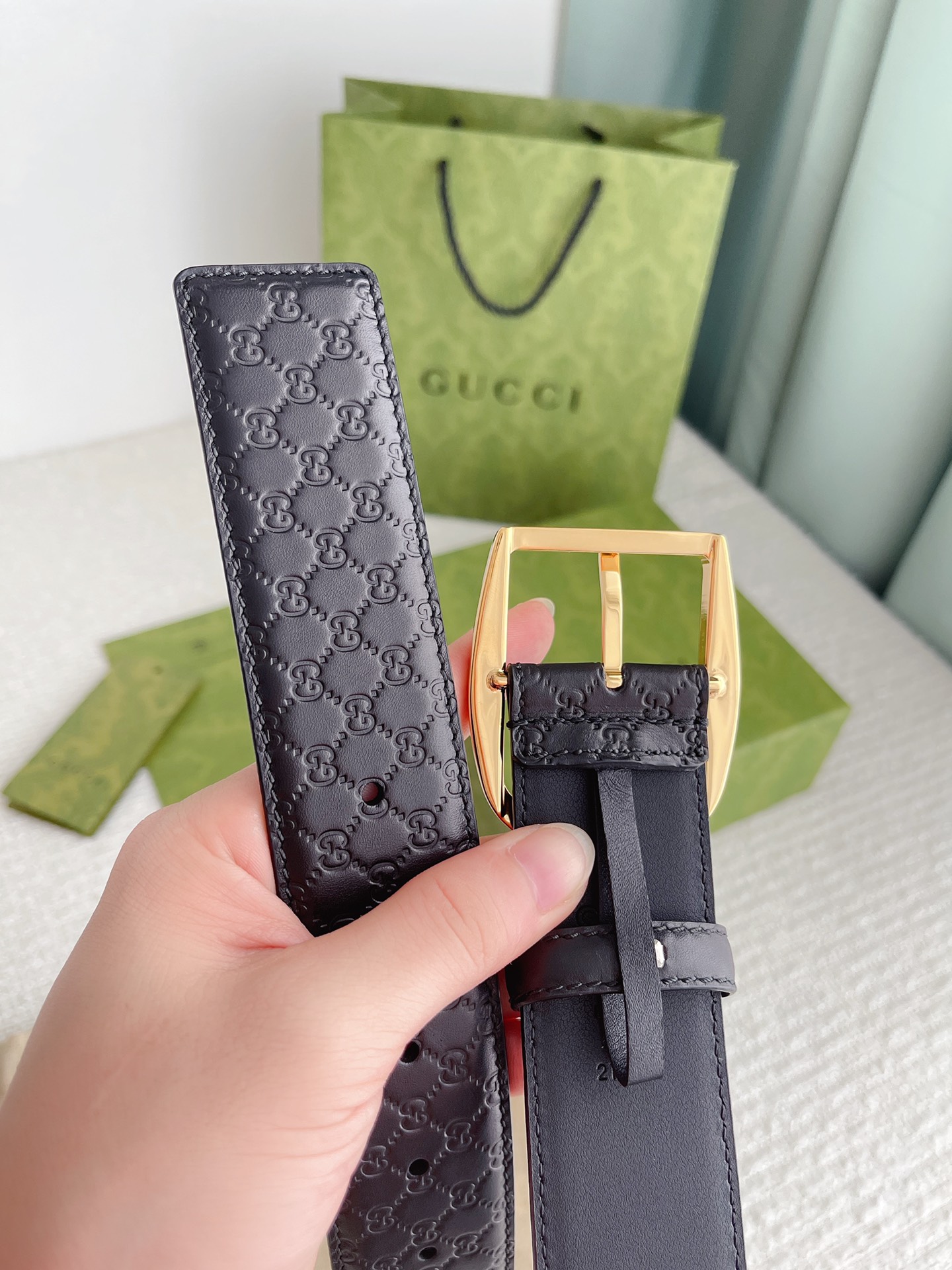 GUCCI MONOGRAM BLACK BELT GOLD METAL 4CM - Image 7