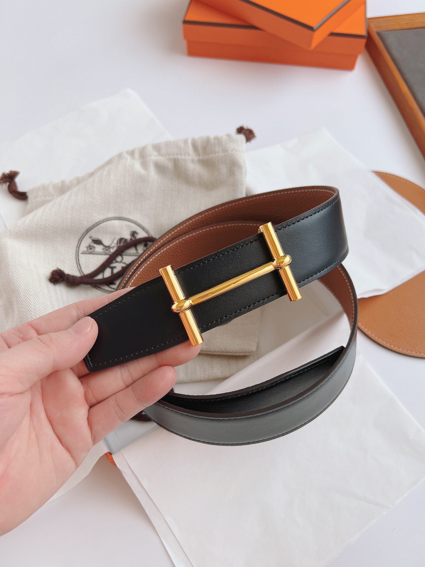 HERMES LEATHER BELT GOLD BUCKLE BLACK 38MM - Image 7
