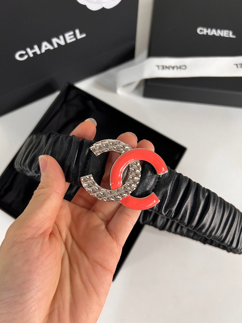 CHANEL WOMEN'S PEARL CIRCLE BELT RED 30MM - Image 4