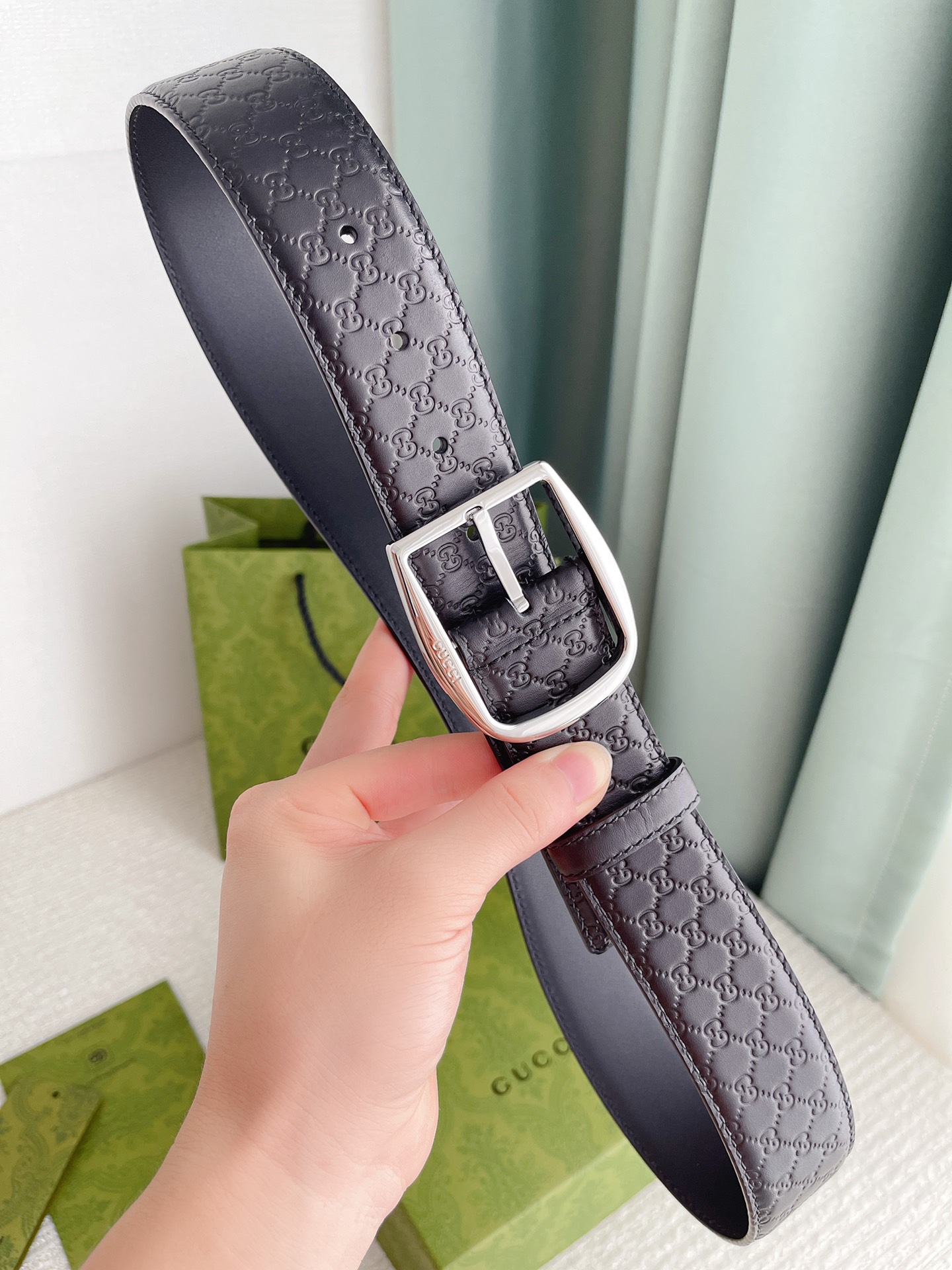 GUCCI MONOGRAM BLACK BELT SILVER METAL 4CM - Image 4