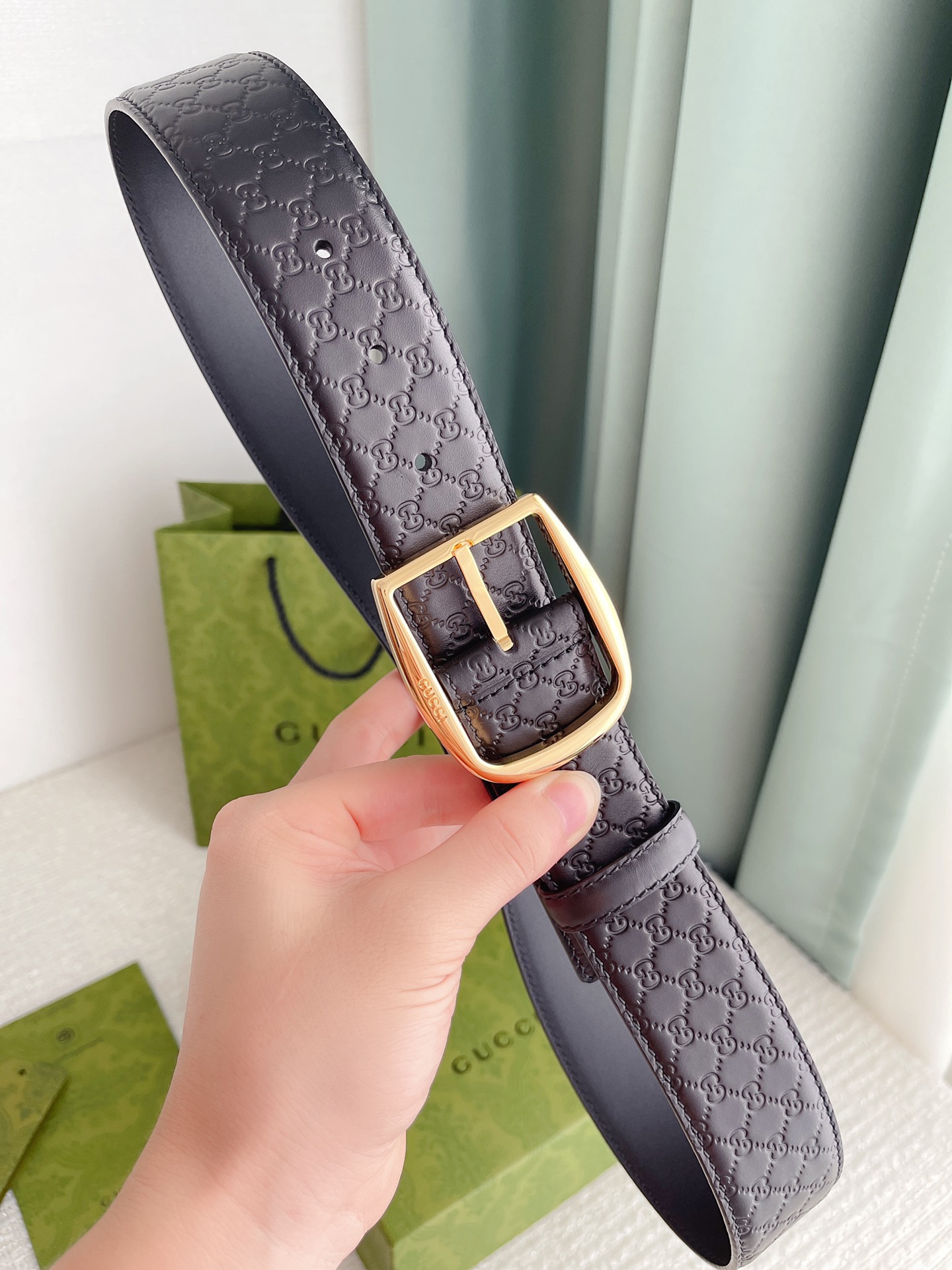 GUCCI MONOGRAM BLACK BELT GOLD METAL 4CM - Image 9