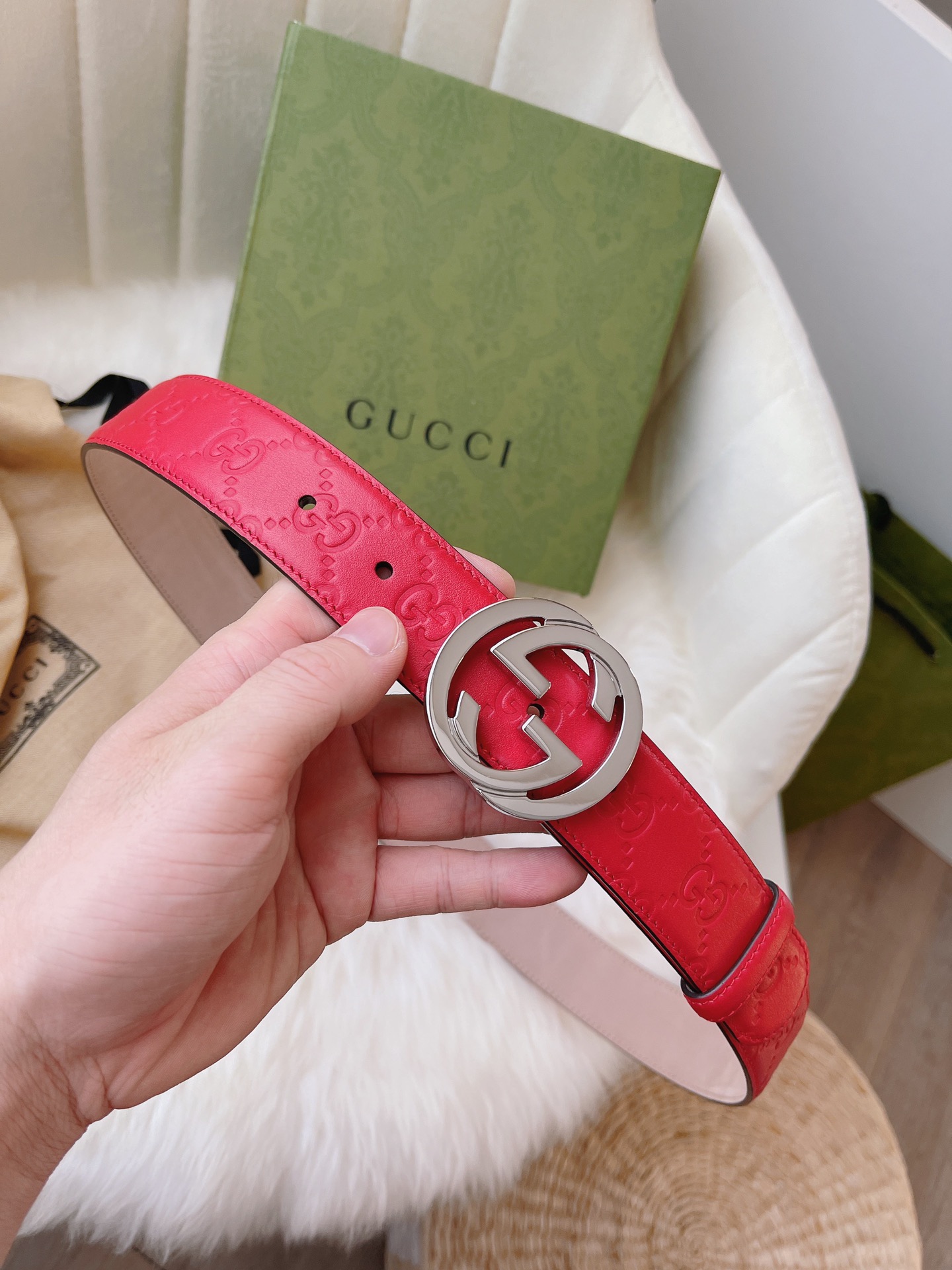 GUCCI MONOGRAM RED BELT SILVER METAL 3.5CM - Image 4