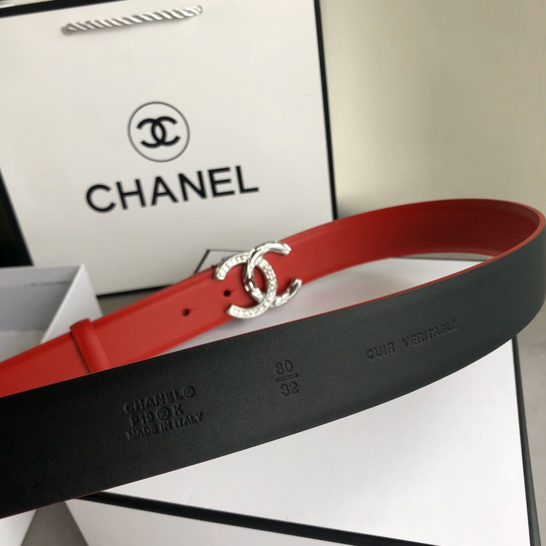 CHANEL LEATHER BELT WITH CC PEARL AND SILVER TONE METAL RED 3CM - Image 6