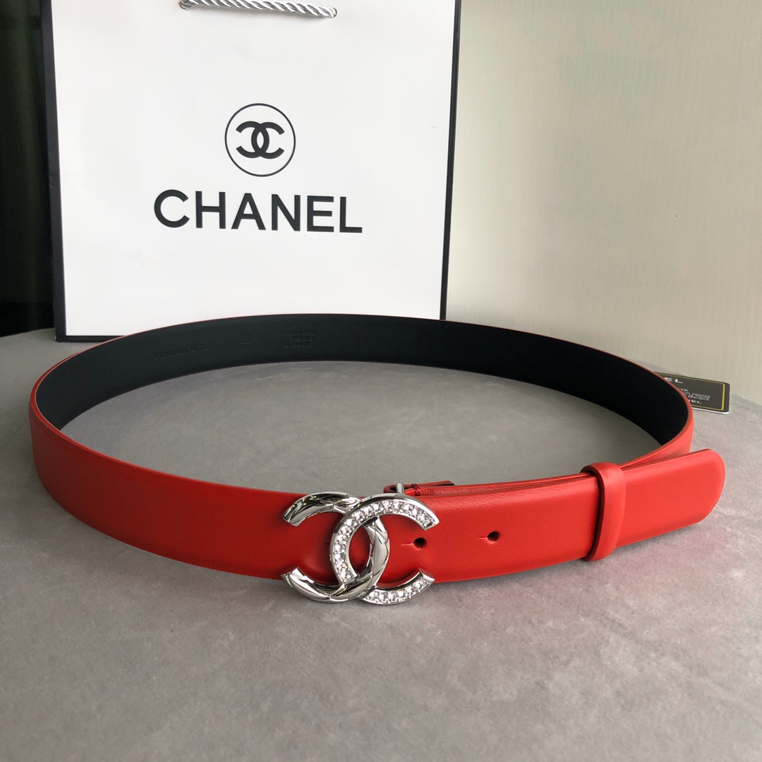 CHANEL LEATHER BELT WITH CC PEARL AND SILVER TONE METAL RED 3CM - Image 2