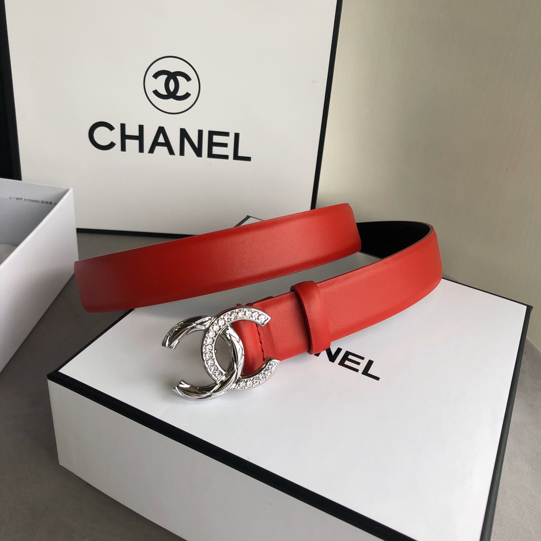 CHANEL LEATHER BELT WITH CC PEARL AND SILVER TONE METAL RED 3CM - Image 5