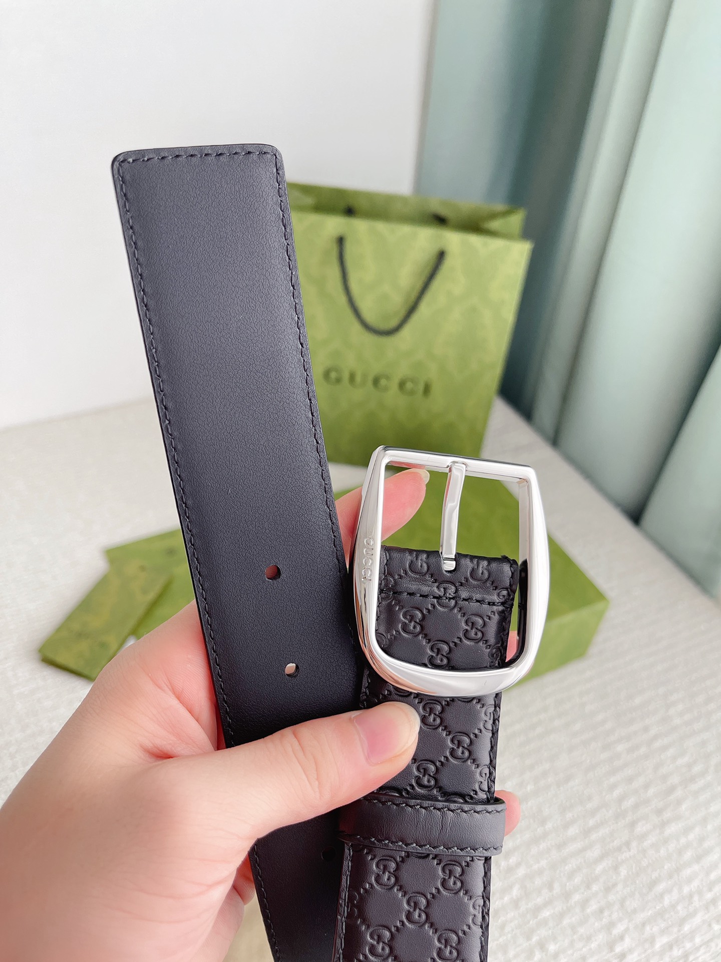 GUCCI MONOGRAM BLACK BELT SILVER METAL 4CM - Image 9