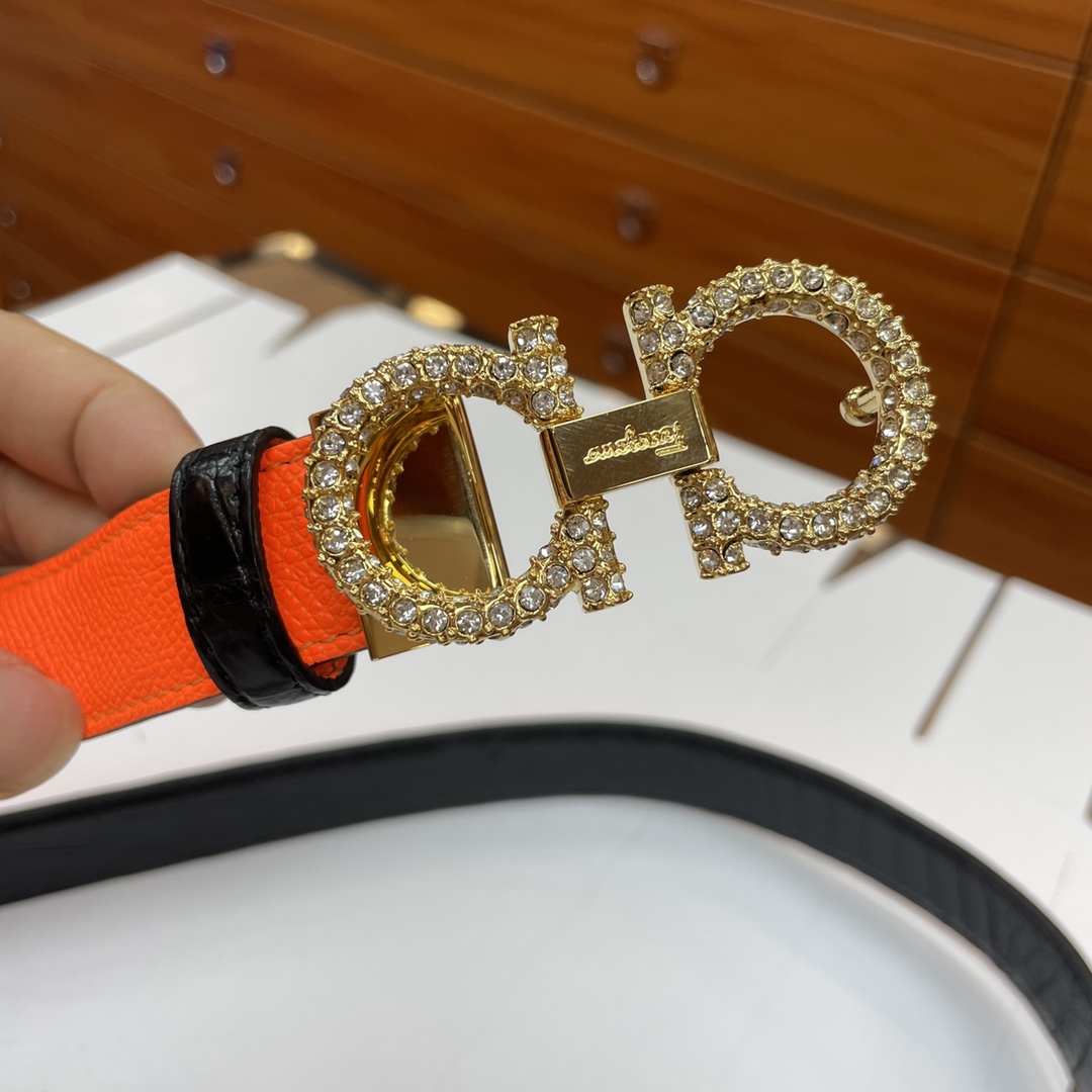 SALVATORE FERRAGAMO GANCINI LEATHER BELT WITH GOLD METAL PEARLS BUCKLE 2.5CM - Image 5