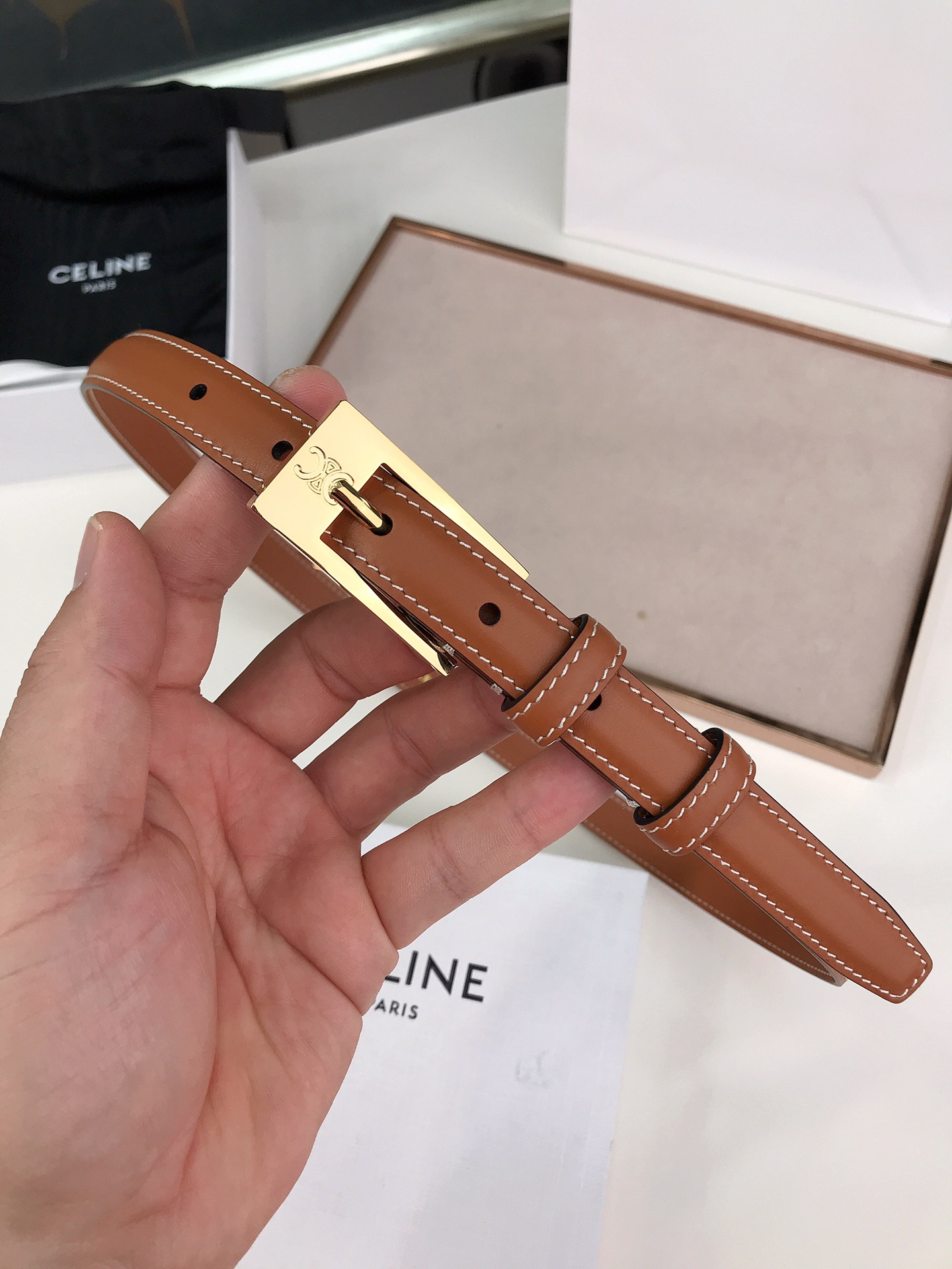 CELINE LEATHER BELT BROWN 1.8CM - Image 2