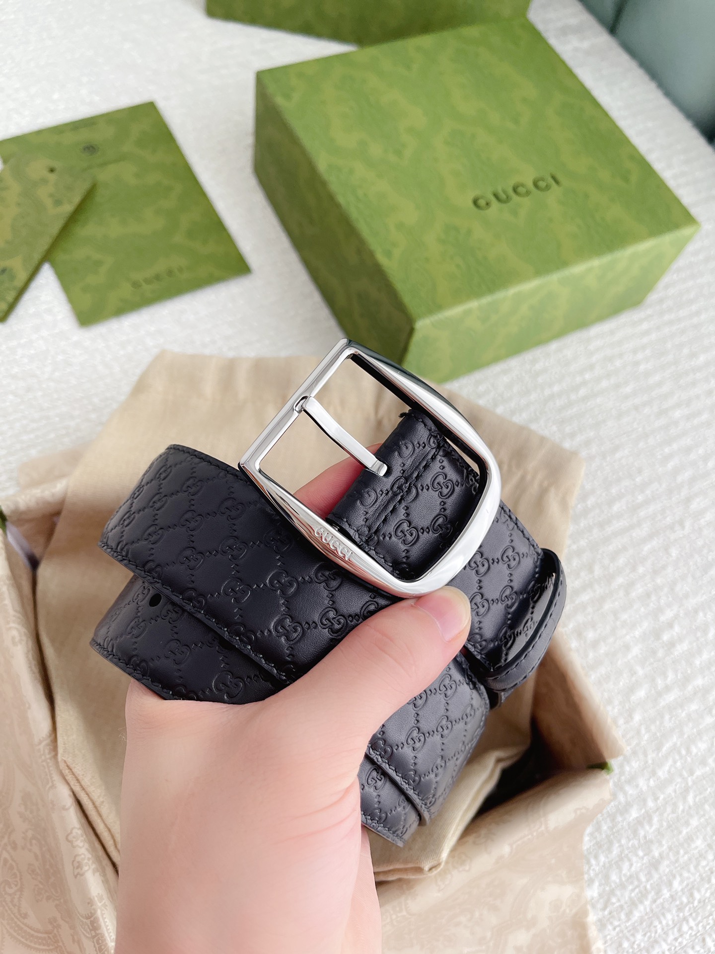 GUCCI MONOGRAM BLACK BELT SILVER METAL 4CM - Image 8