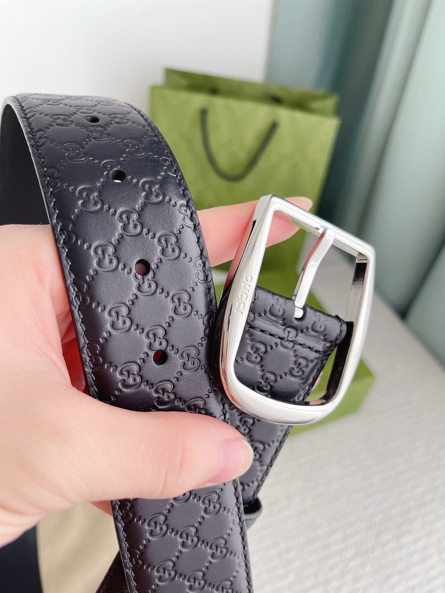 GUCCI MONOGRAM BLACK BELT SILVER METAL 4CM - Image 7