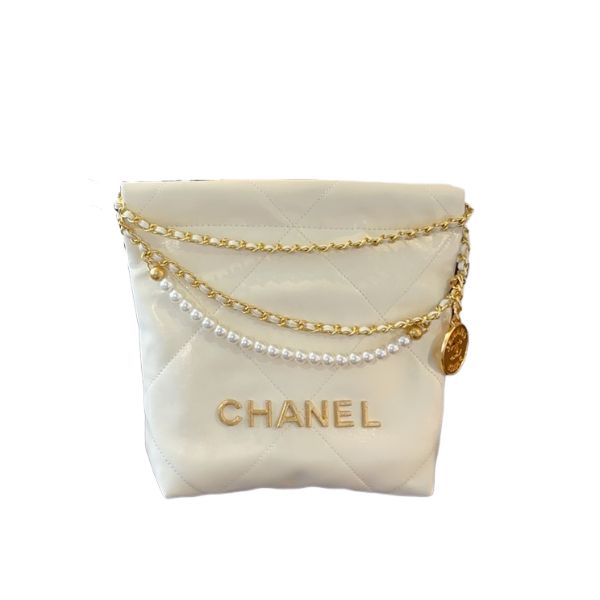 CHANEL 22 MINI HANDBAG CRYSTAL PEARLS WHITE 22CM AS3980