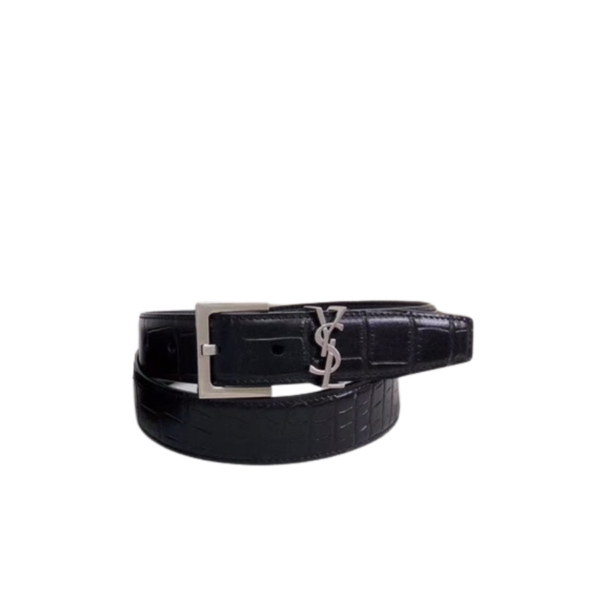 SAINT LAURENT CROC EMBOSSED LEATHER BELT BLACK AND SILVER 26267332