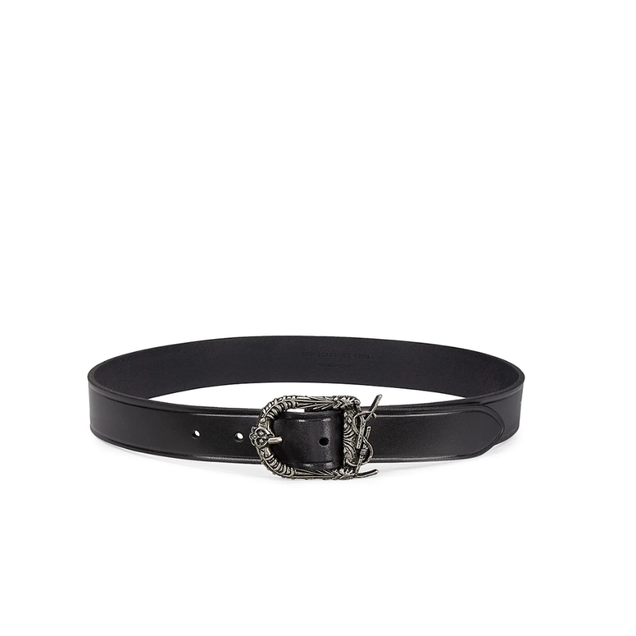 SAINT LAURENT MONOGRAM CELTIC LEATHER BLACK AND SILVER BELT 0400017970125