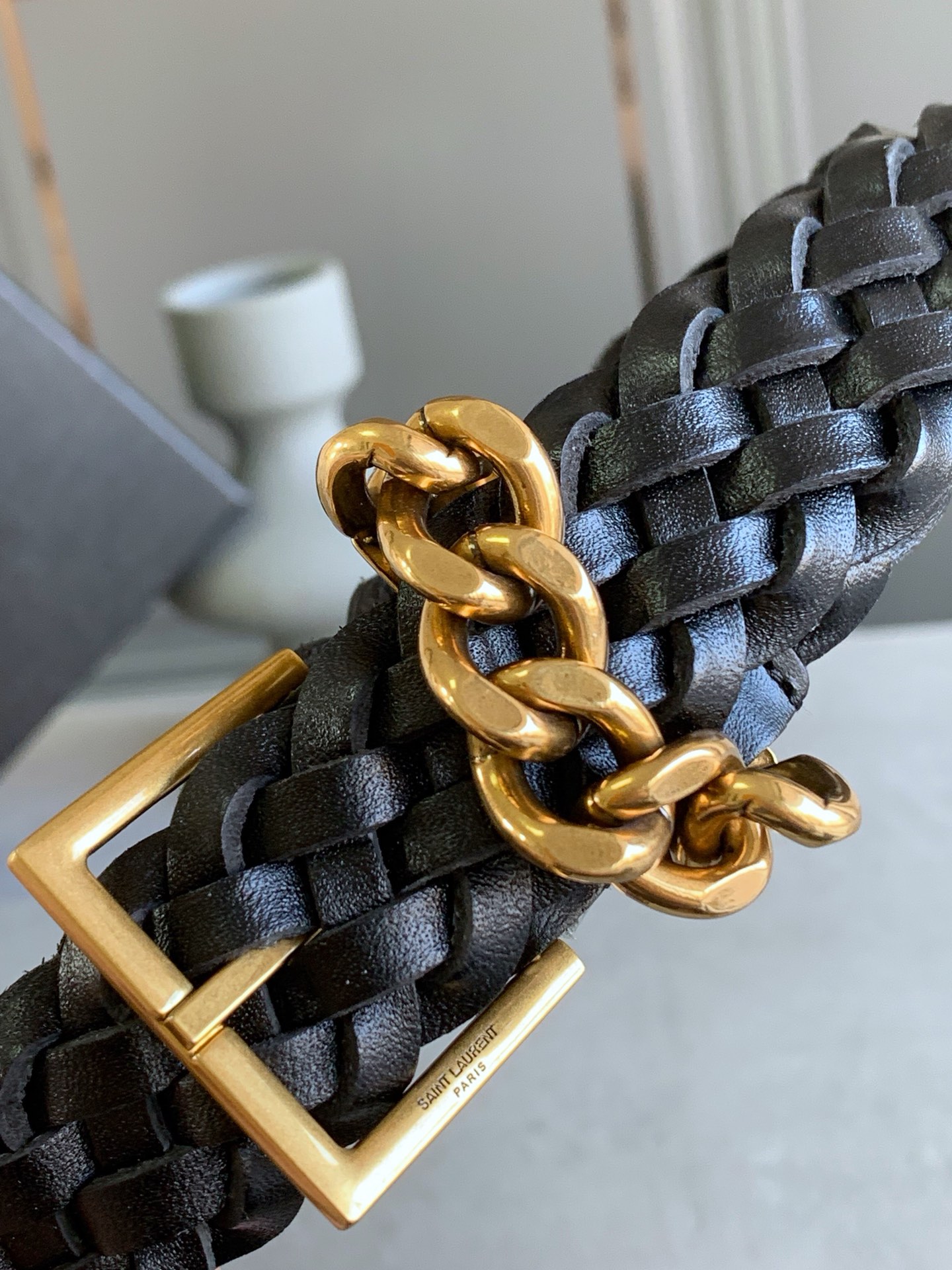 SAINT LAURENT GENUINE LEATHER UNIVERSAL BLACK AND GOLD BELT - Image 4