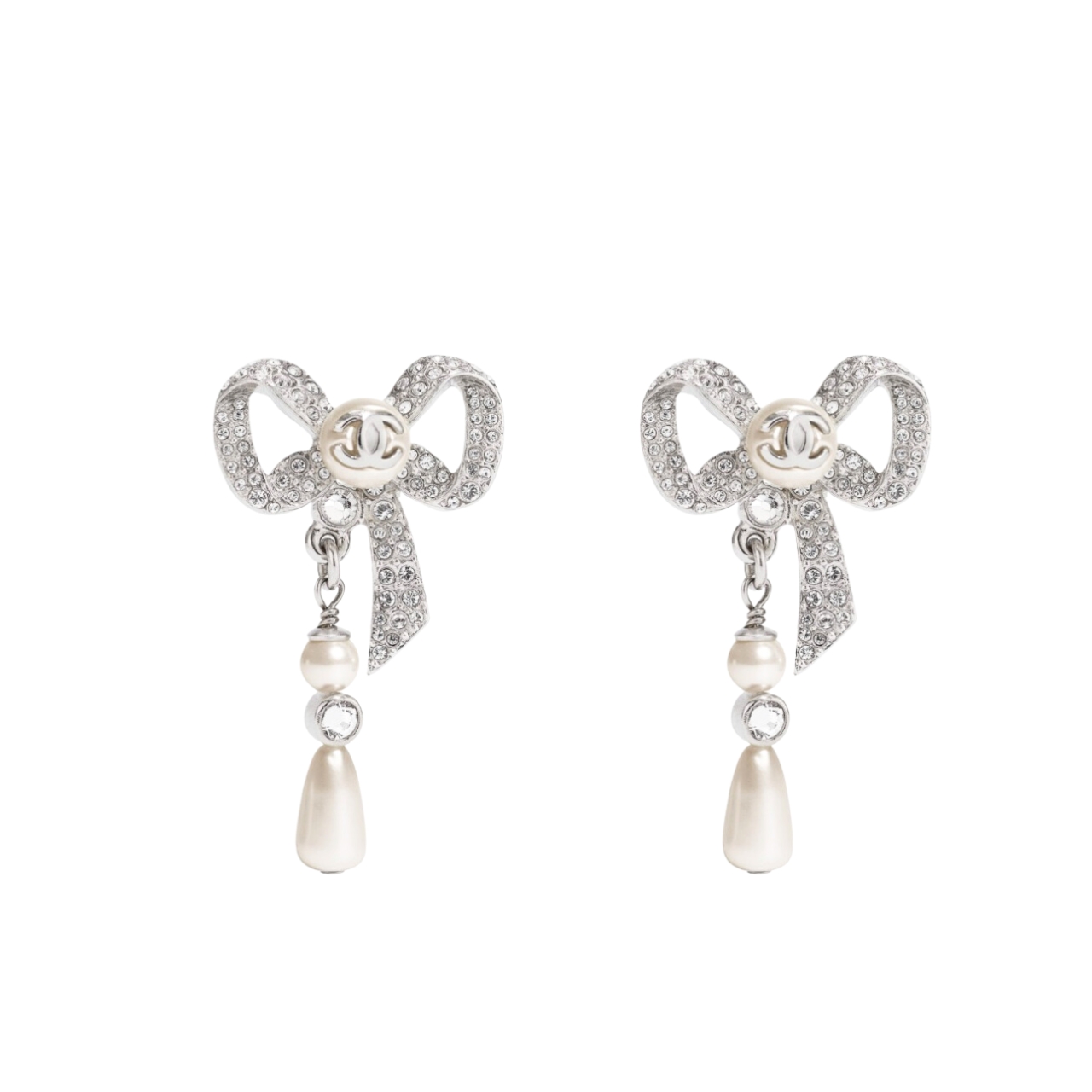 CHANEL BOW SILVER PEARL EARRINGS