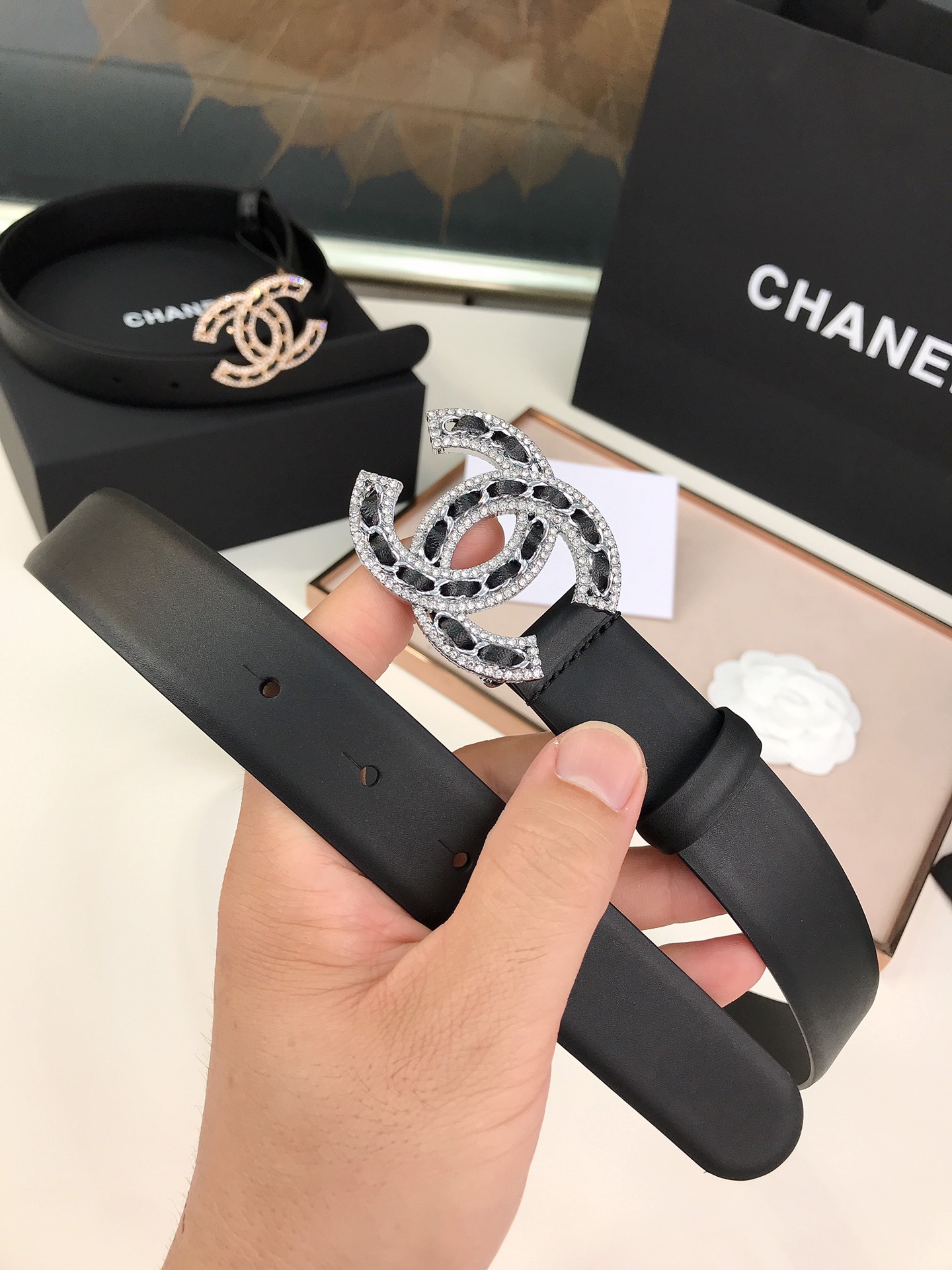 CHANEL GLASS PEARLS CRYSTAL SILVER BLACK BELT 28MM - Image 3