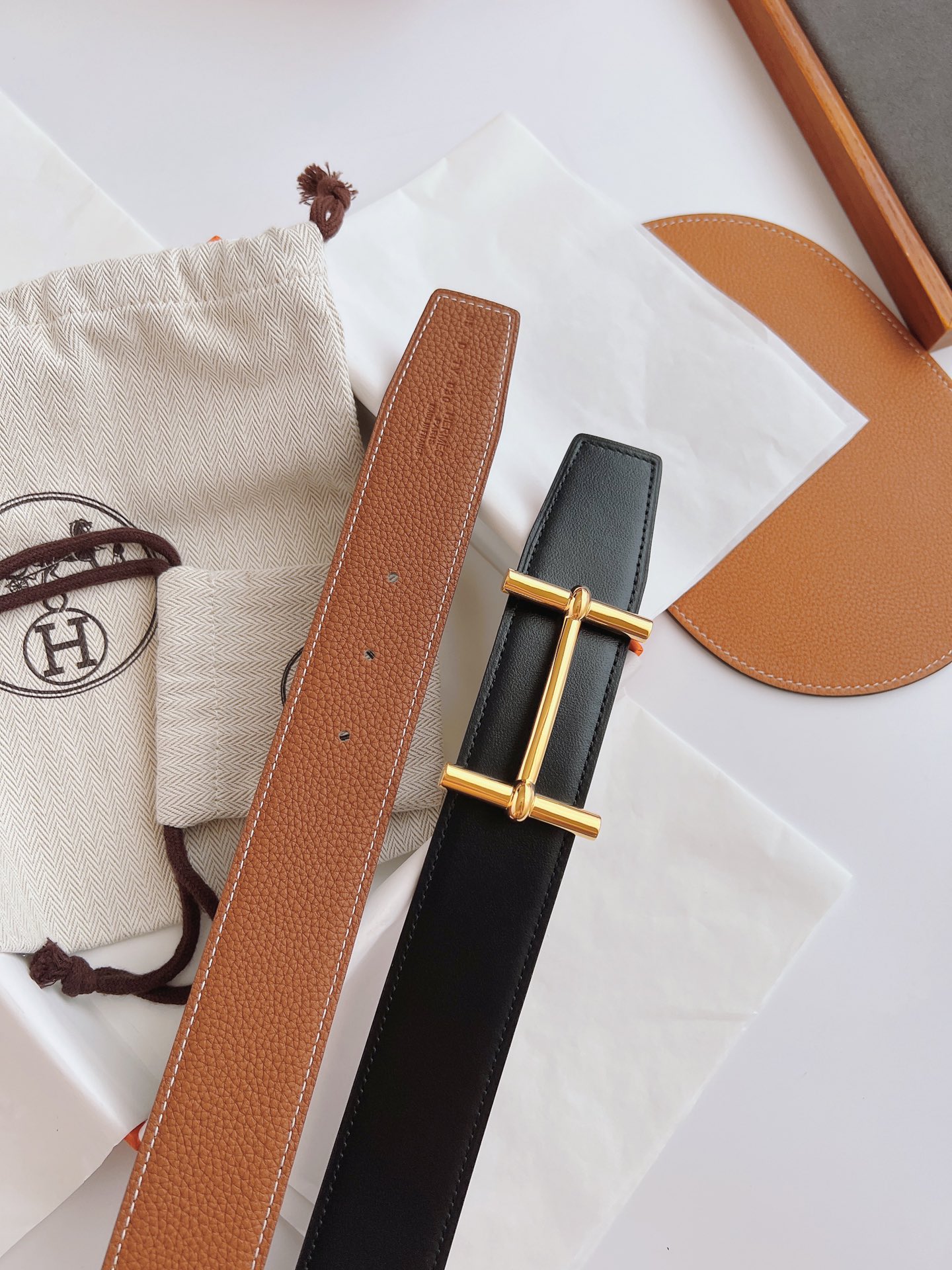 HERMES LEATHER BELT GOLD BUCKLE BLACK 38MM - Image 3