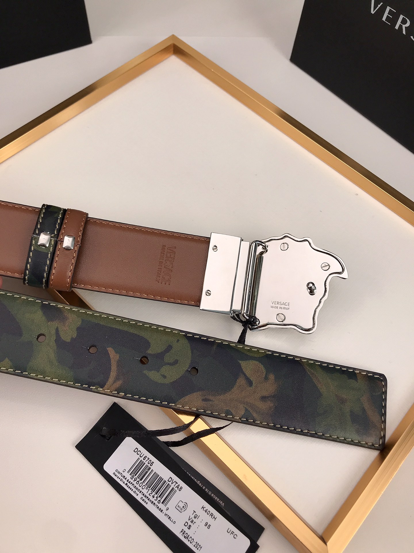 VERSACE LA MEDUSA LEATHER KHAKI SILVER METAL 4CM - Image 4