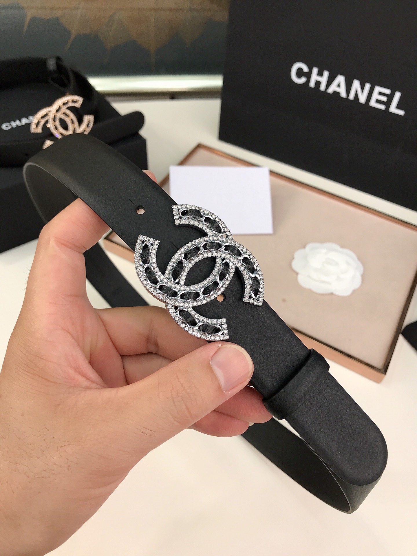 CHANEL GLASS PEARLS CRYSTAL SILVER BLACK BELT 28MM - Image 2