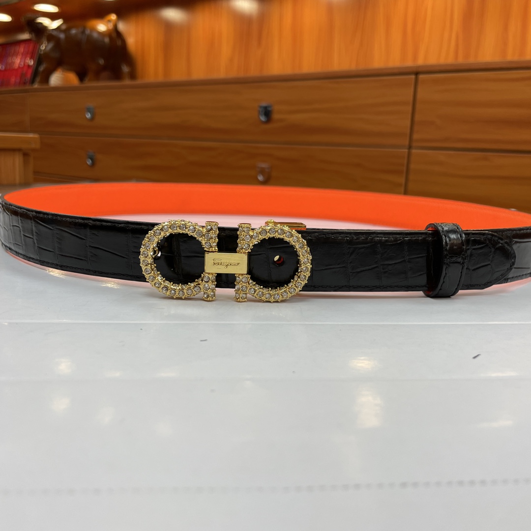 SALVATORE FERRAGAMO GANCINI LEATHER BELT WITH GOLD METAL PEARLS BUCKLE 2.5CM - Image 3