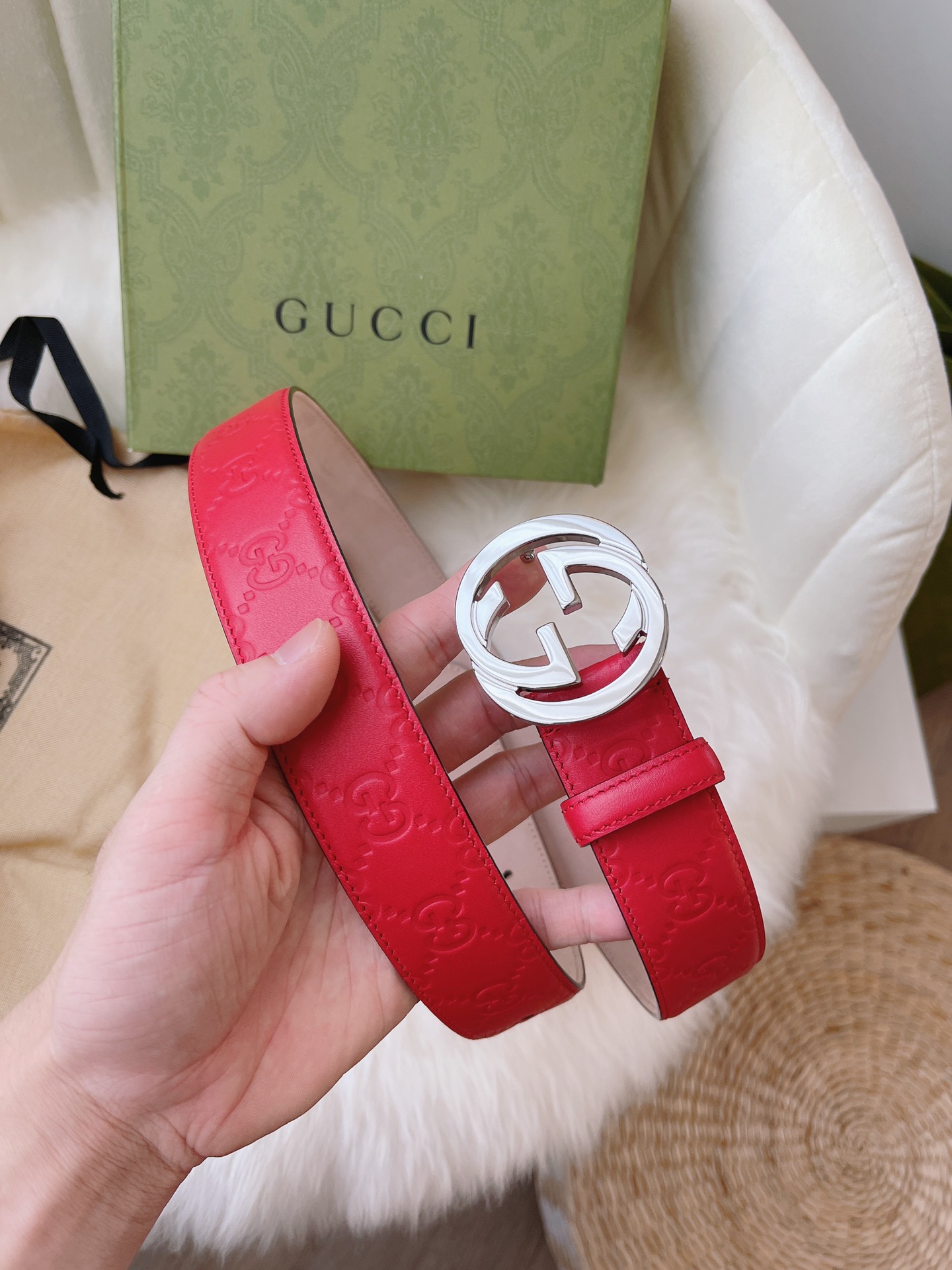 GUCCI MONOGRAM RED BELT SILVER METAL 3.5CM - Image 2