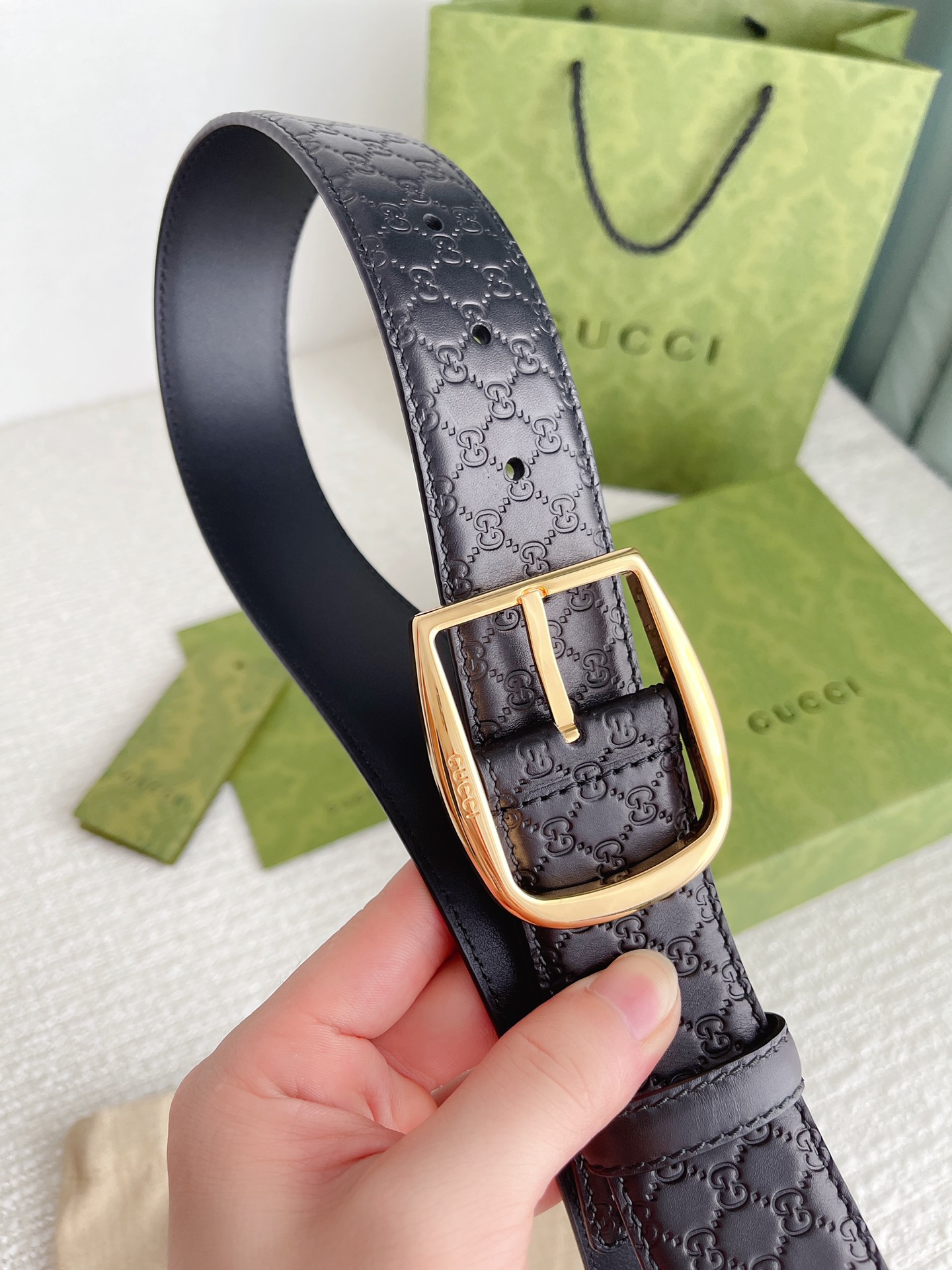 GUCCI MONOGRAM BLACK BELT GOLD METAL 4CM - Image 4