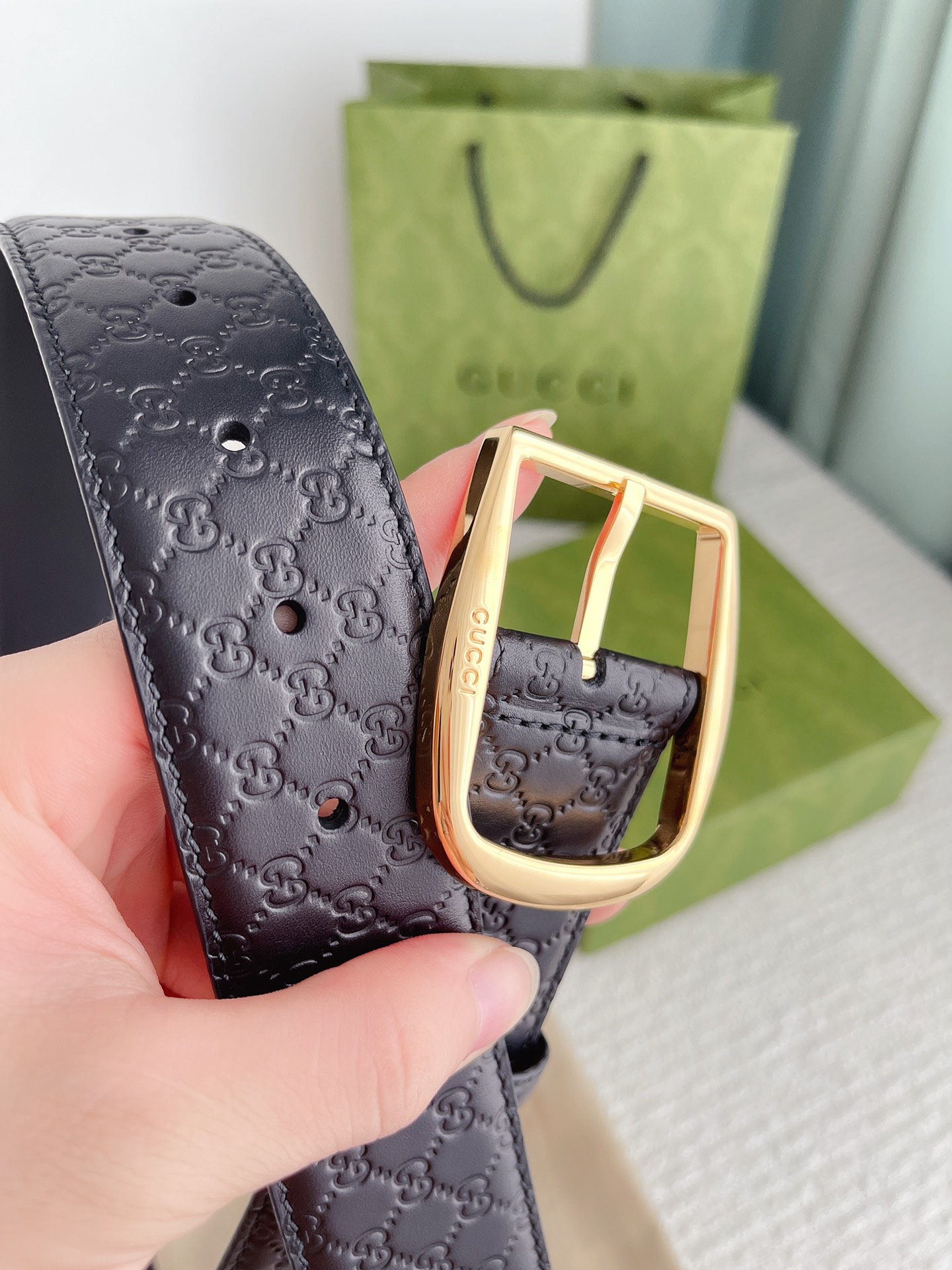 GUCCI MONOGRAM BLACK BELT GOLD METAL 4CM - Image 3
