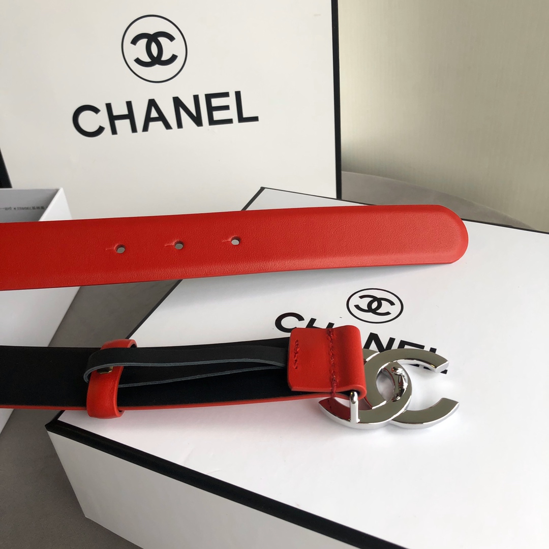 CHANEL LEATHER BELT WITH CC PEARL AND SILVER TONE METAL RED 3CM - Image 4
